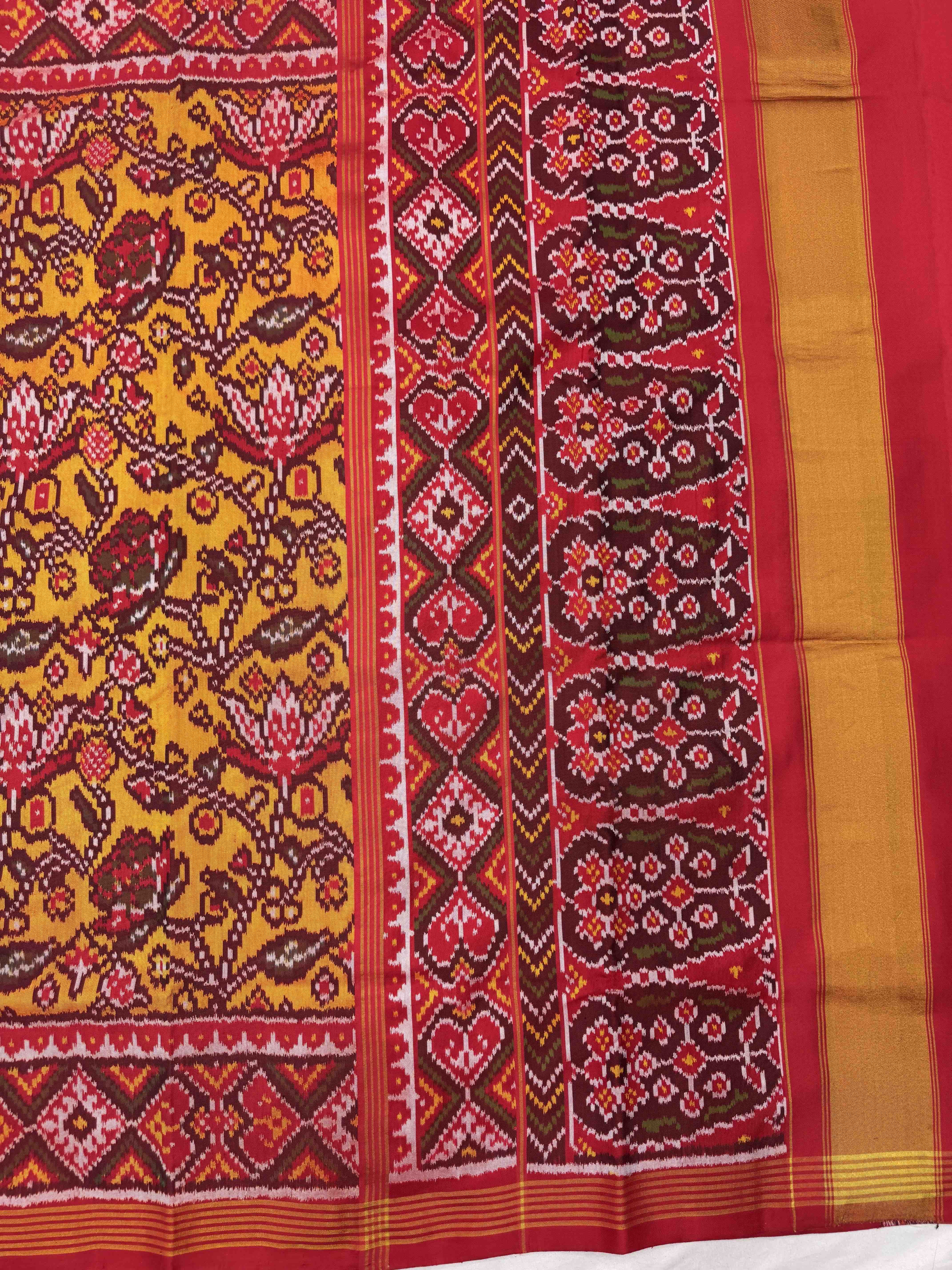 Red & Yellow Flower Leaves Fancy Single Ikat Patan Patola Saree
