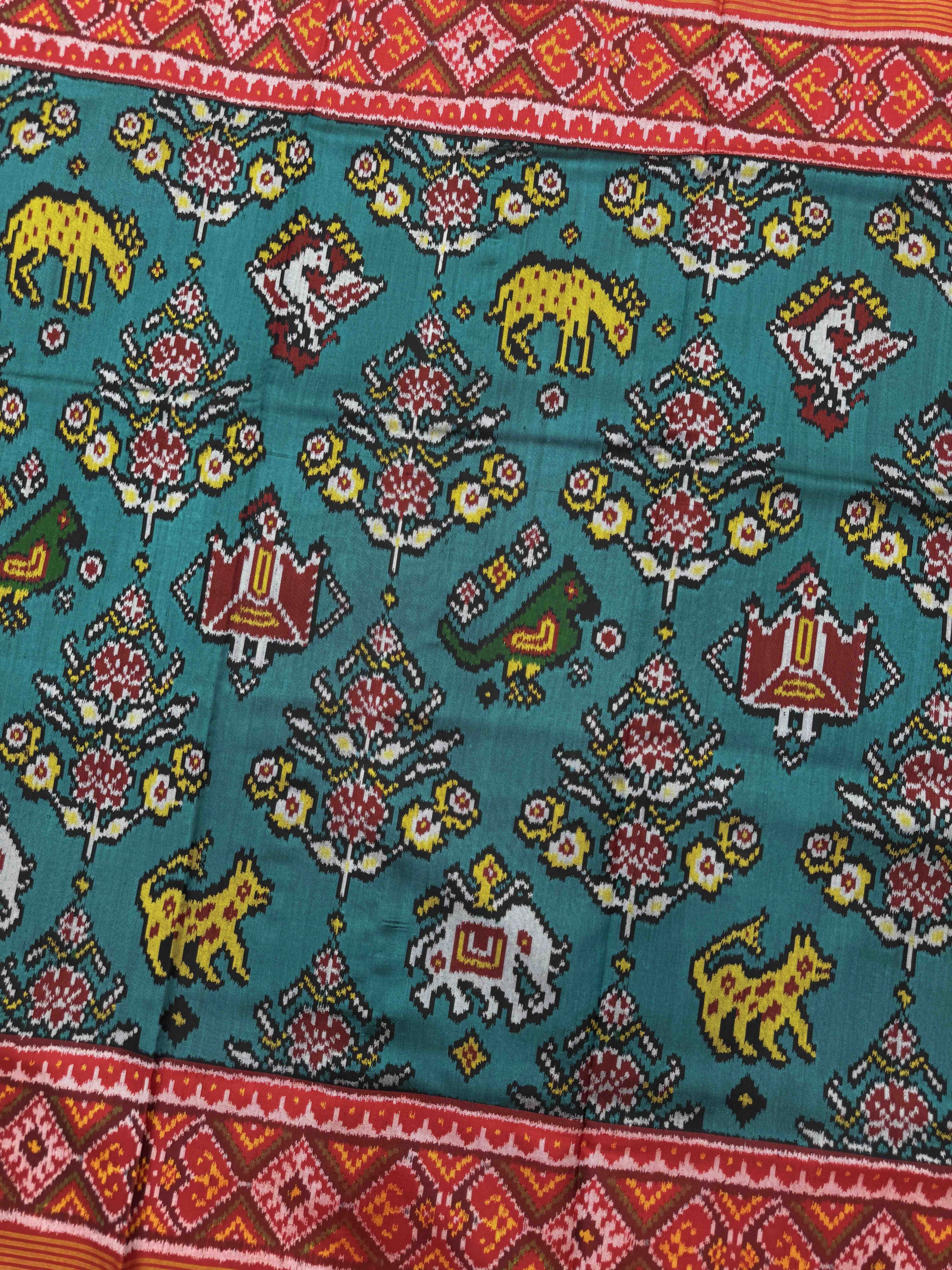 Red & Rama Blue Narikunj Flower Single Ikat Patan Patola Saree