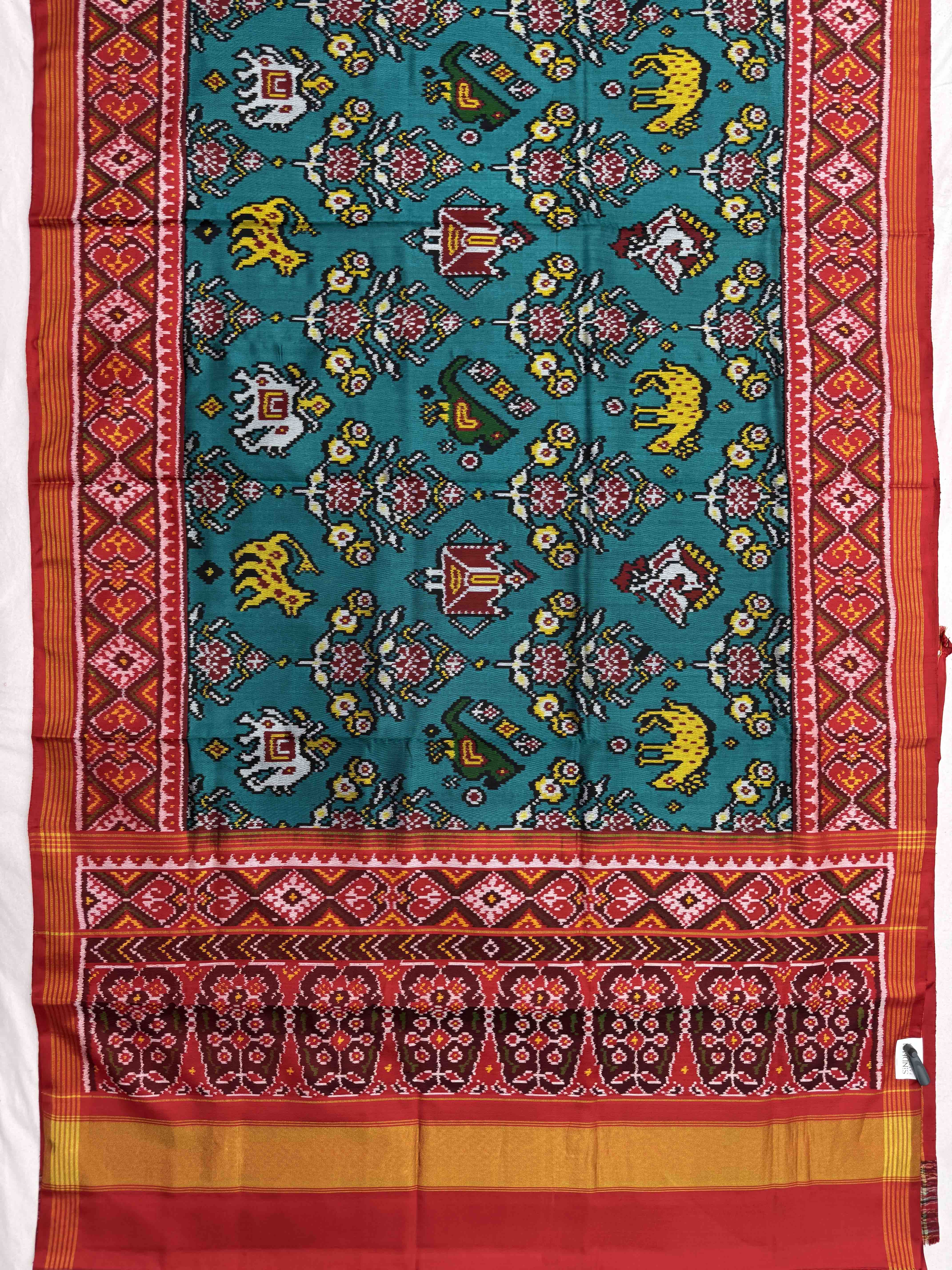 Red & Rama Blue Narikunj Flower Single Ikat Patan Patola Saree