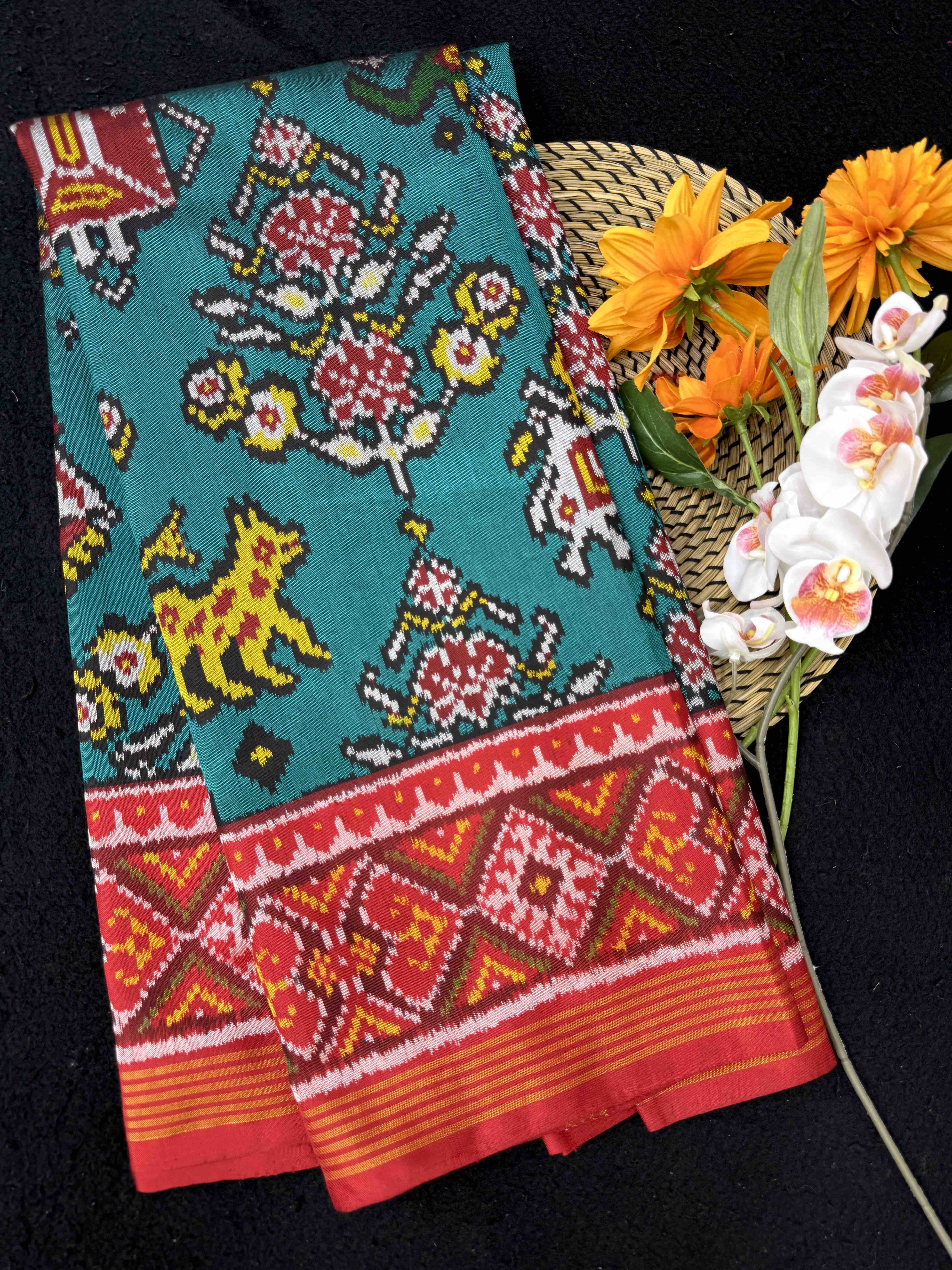 Red & Rama Blue Narikunj Flower Single Ikat Patan Patola Saree