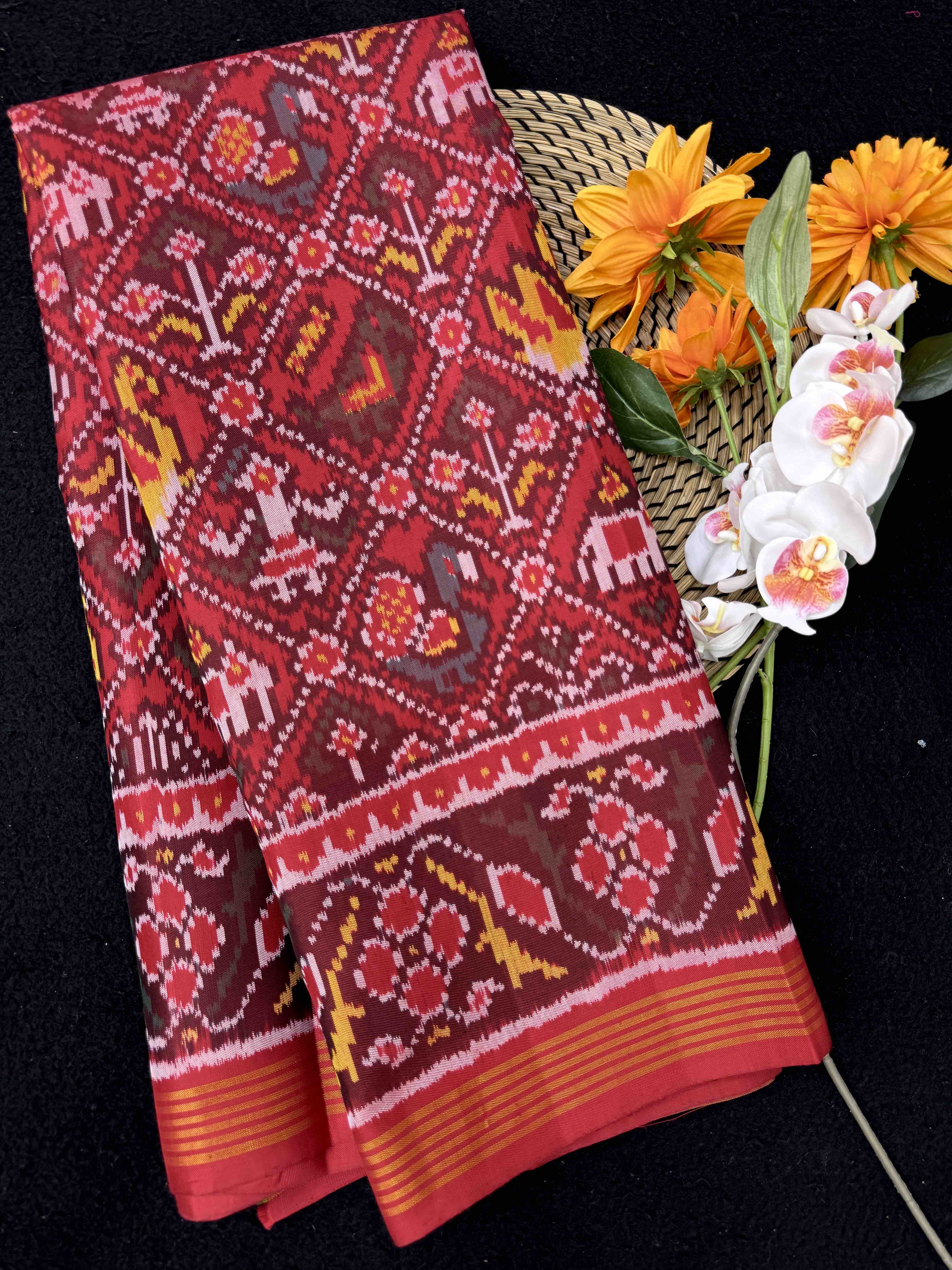 Red Small Narikunj Single Ikat Patan Patola Saree