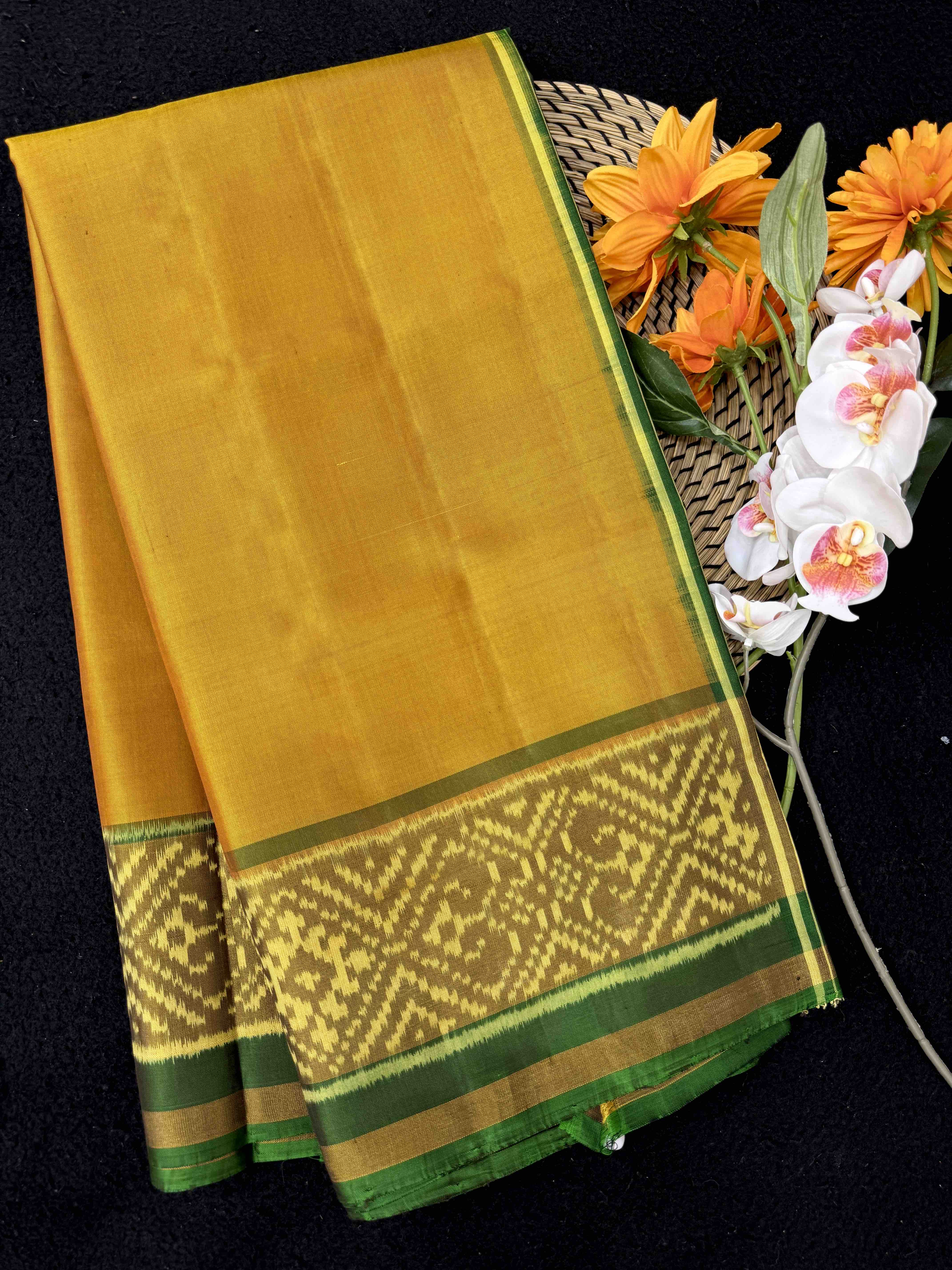 Green & Mustar Plain Patola Saree