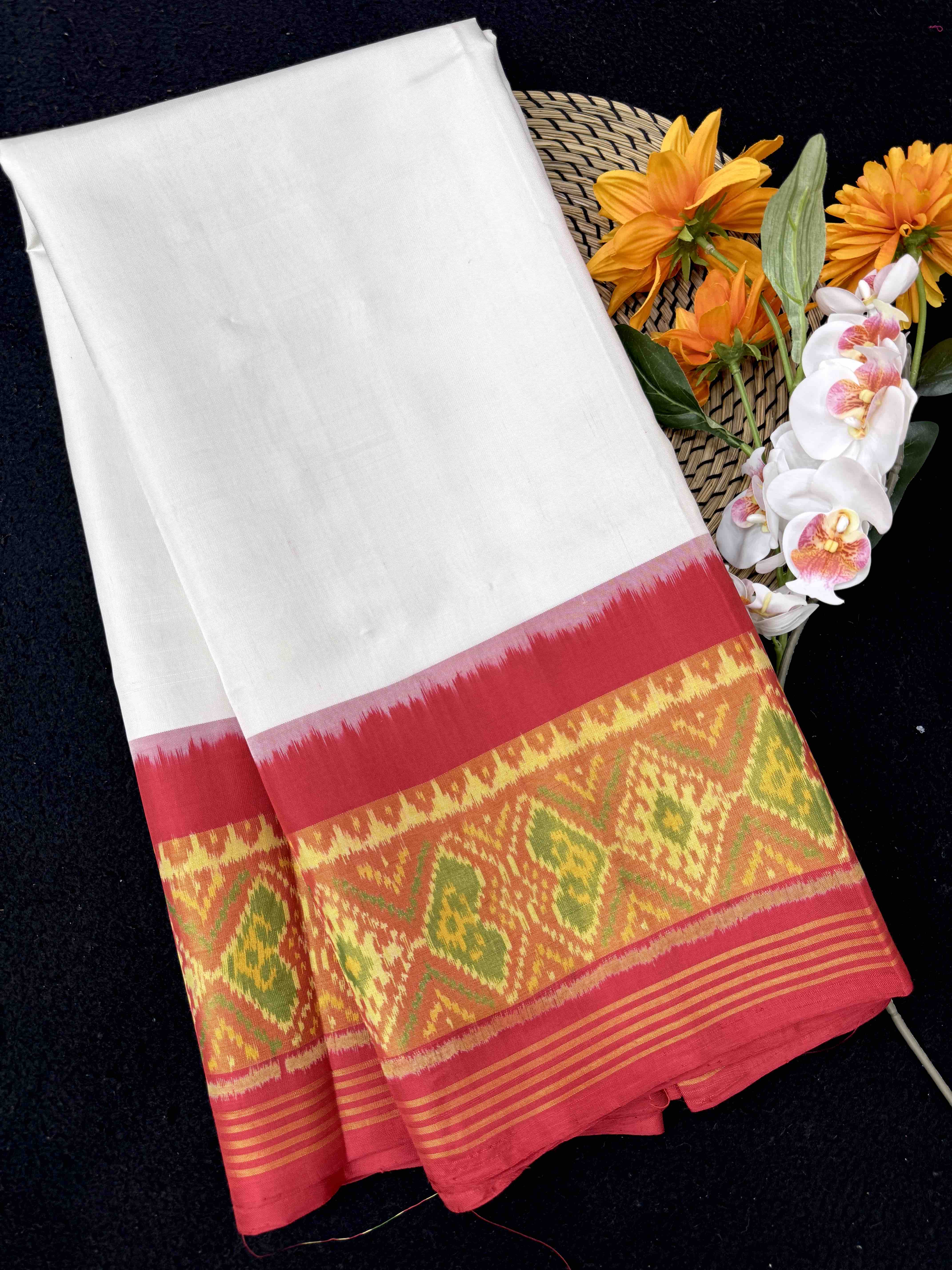 Red & White Plain Patola Saree