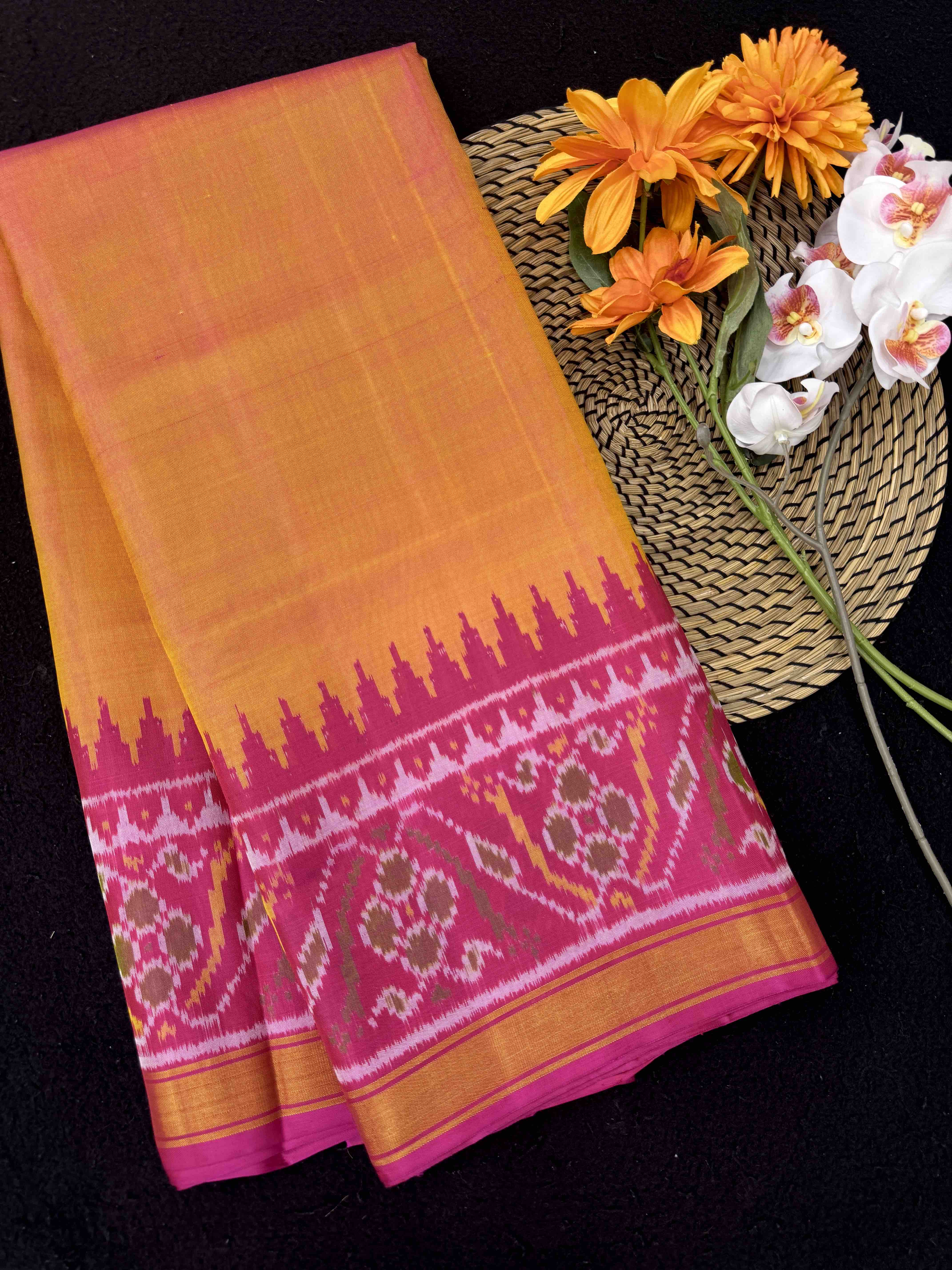Pink & Yellow Plain Patola Saree