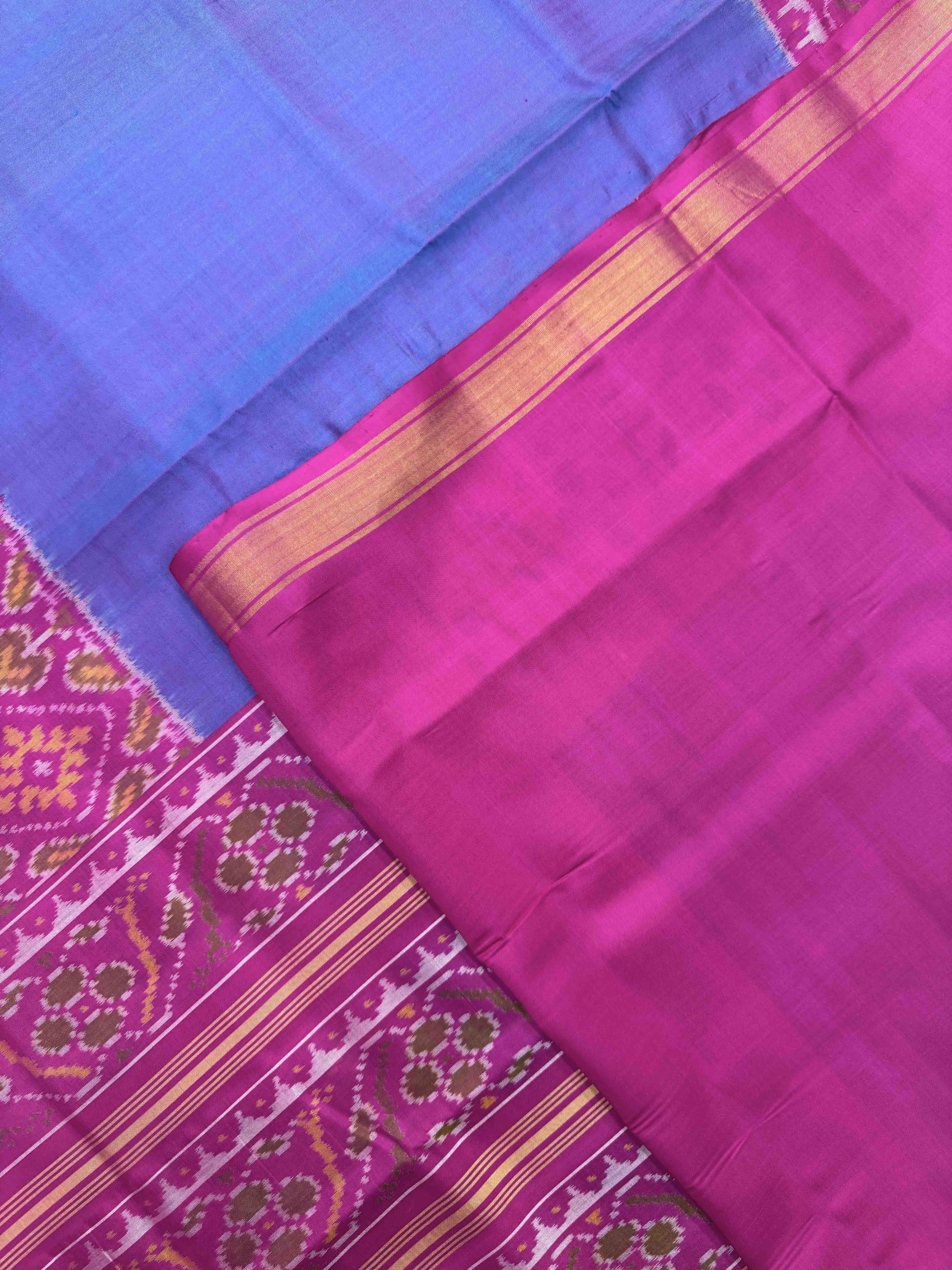 Pink & Sky Blue Plain with Panchanda Scut Border Patola Saree