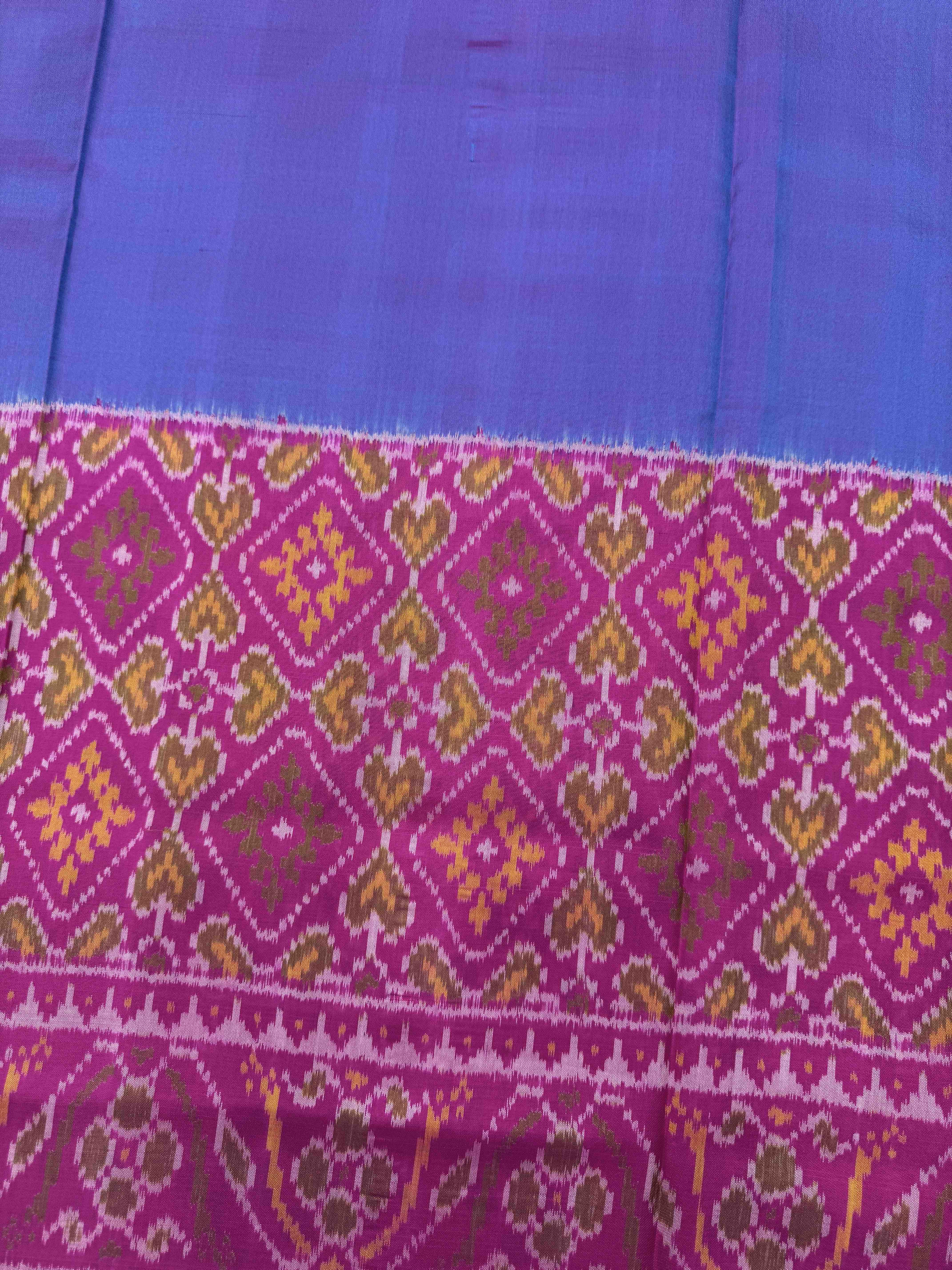 Pink & Sky Blue Plain with Panchanda Scut Border Patola Saree