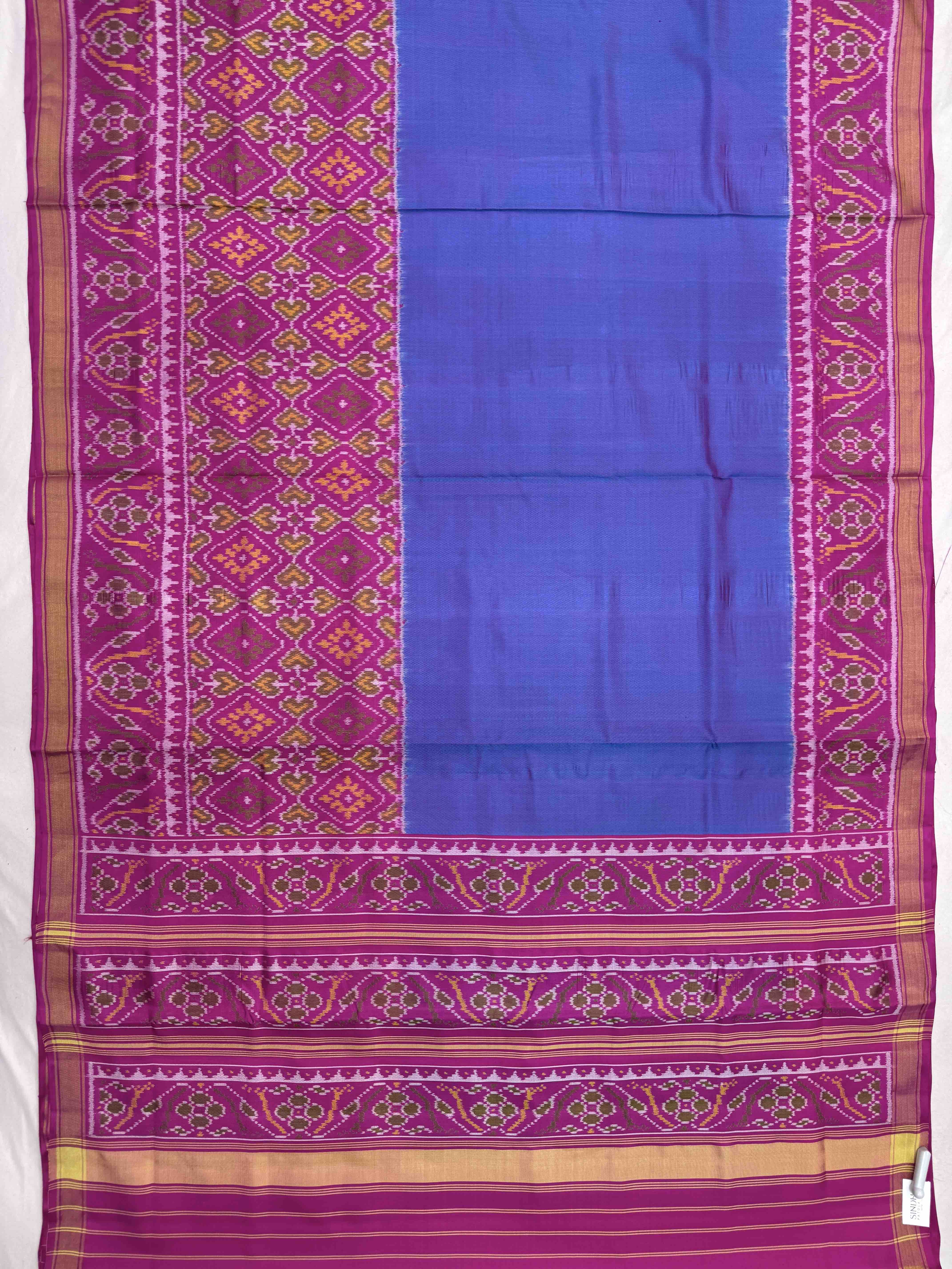 Pink & Sky Blue Plain with Panchanda Scut Border Patola Saree