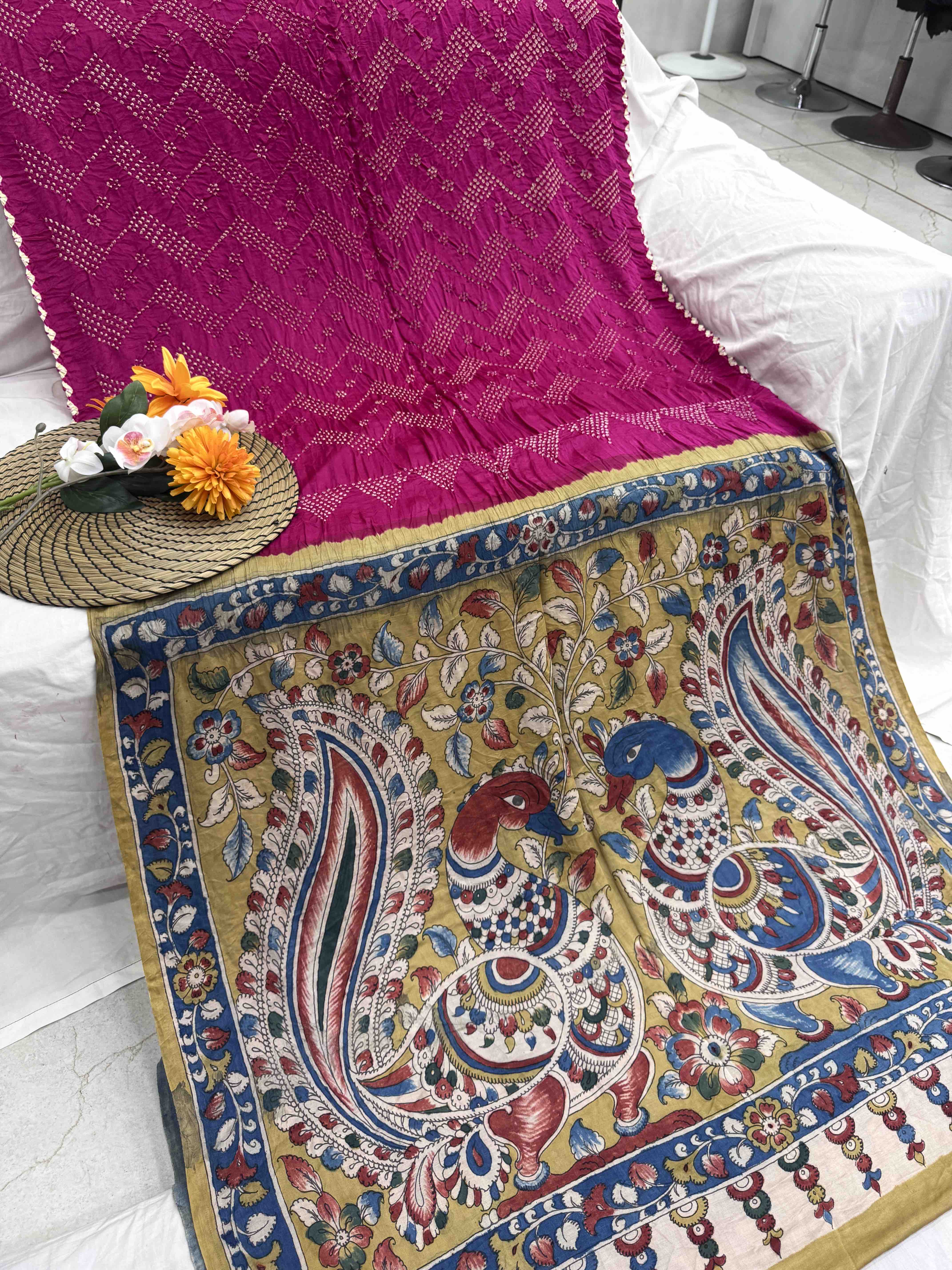 Pista Green & Pink Gajji Silk Pen Kamalkari Bandhani Saree