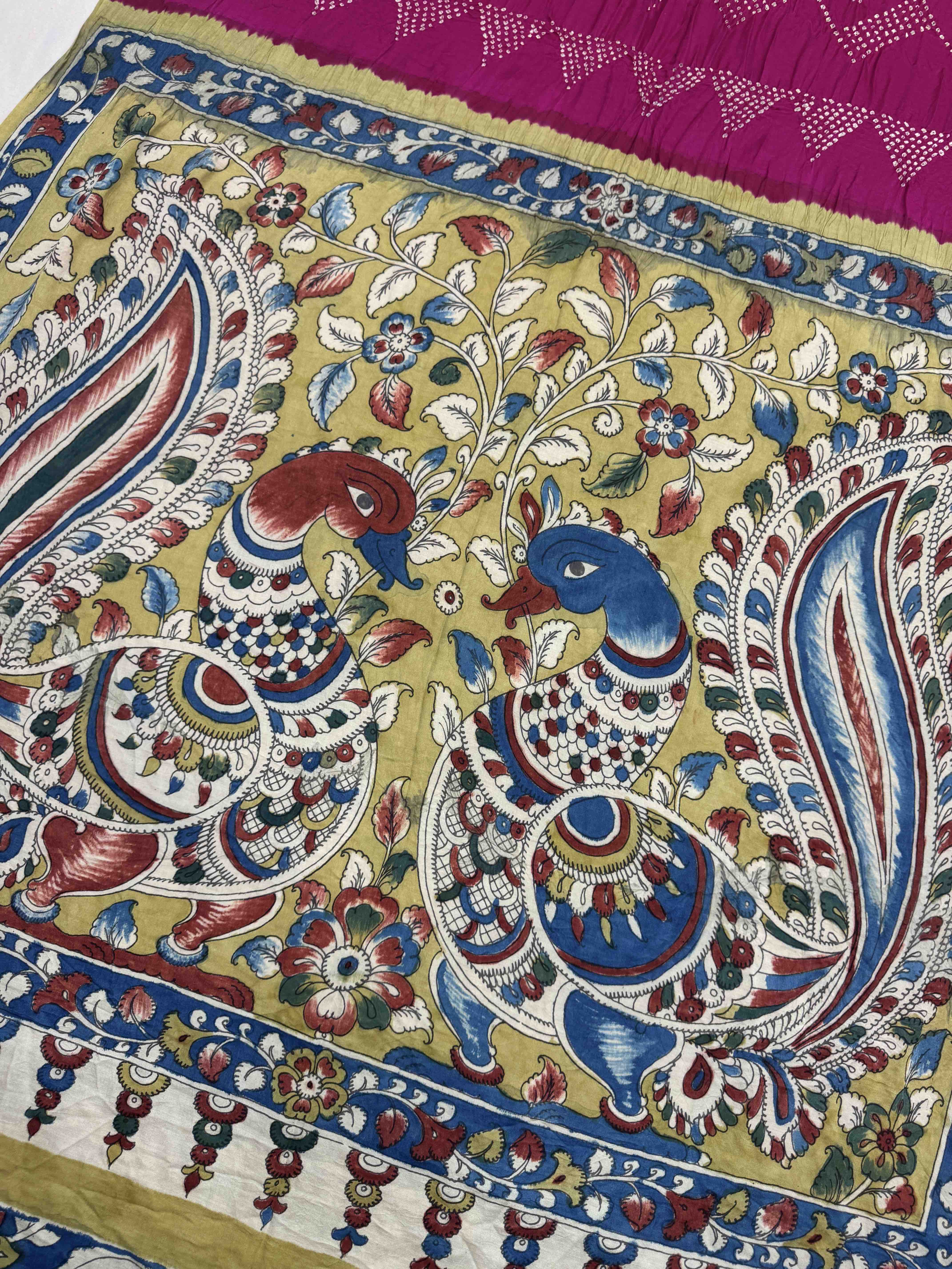 Pista Green & Pink Gajji Silk Pen Kamalkari Bandhani Saree