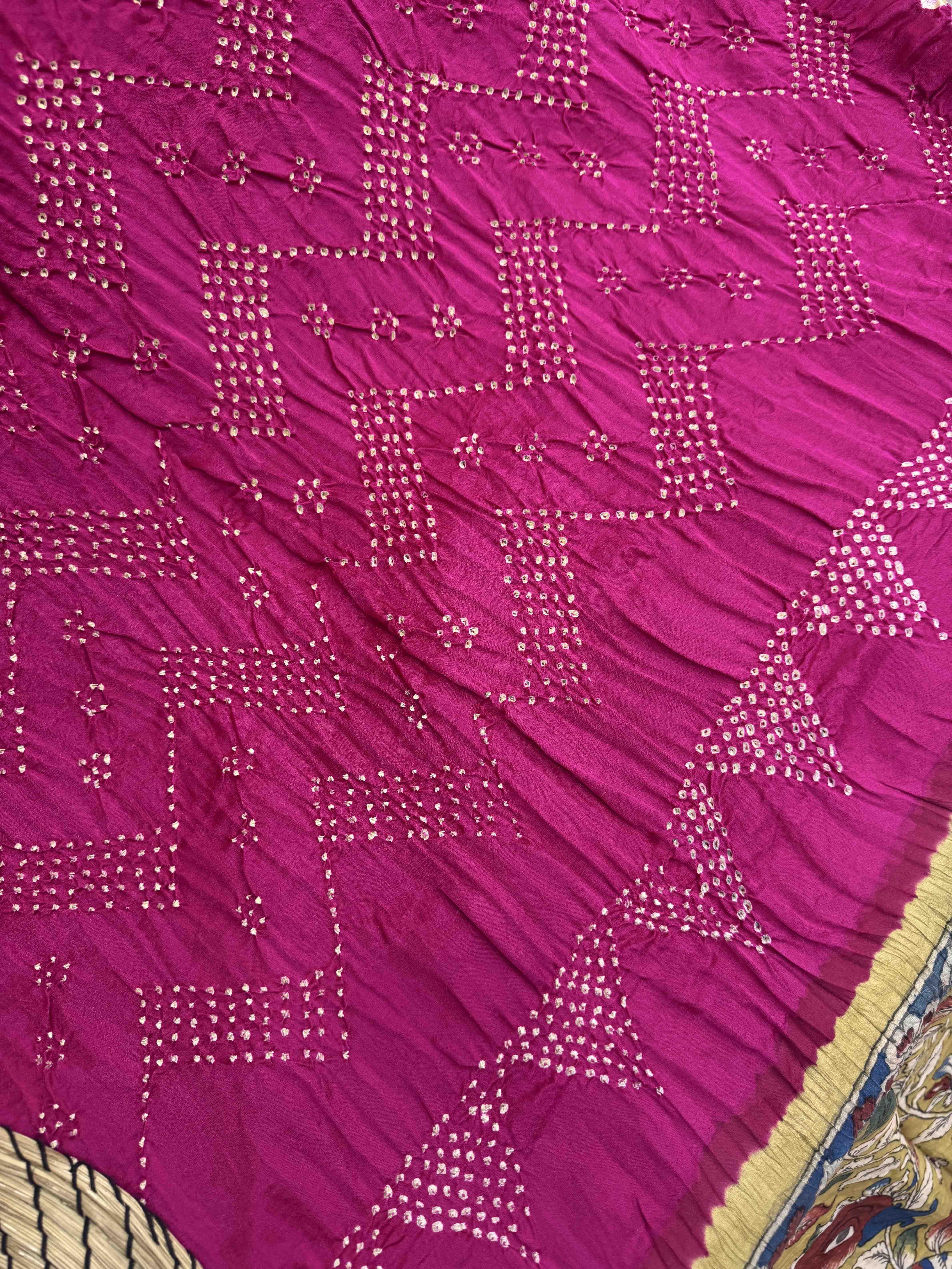Pista Green & Pink Gajji Silk Pen Kamalkari Bandhani Saree