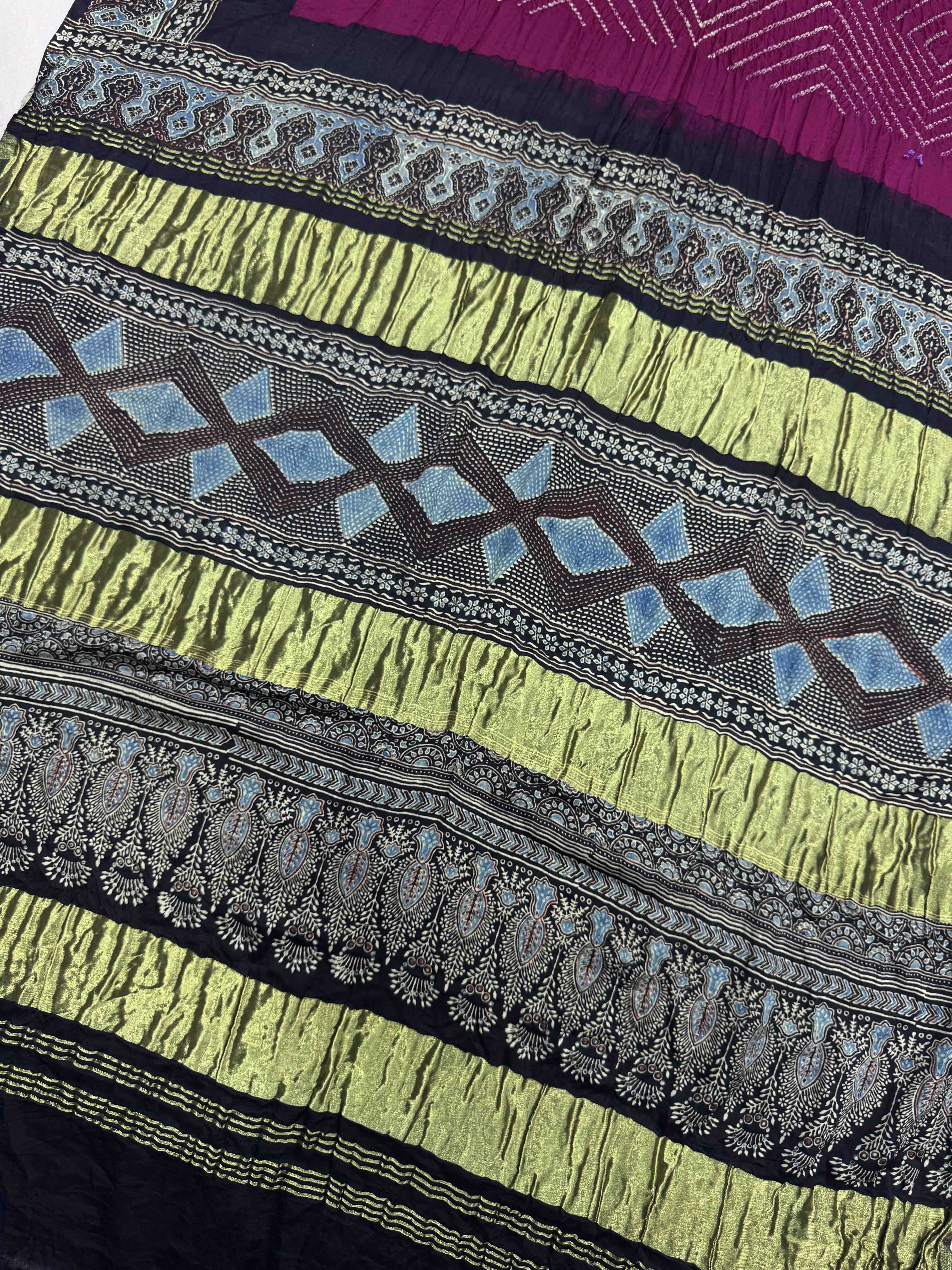 Black & Pink Gajji Silk with Ajarakh Print Bandhani Saree