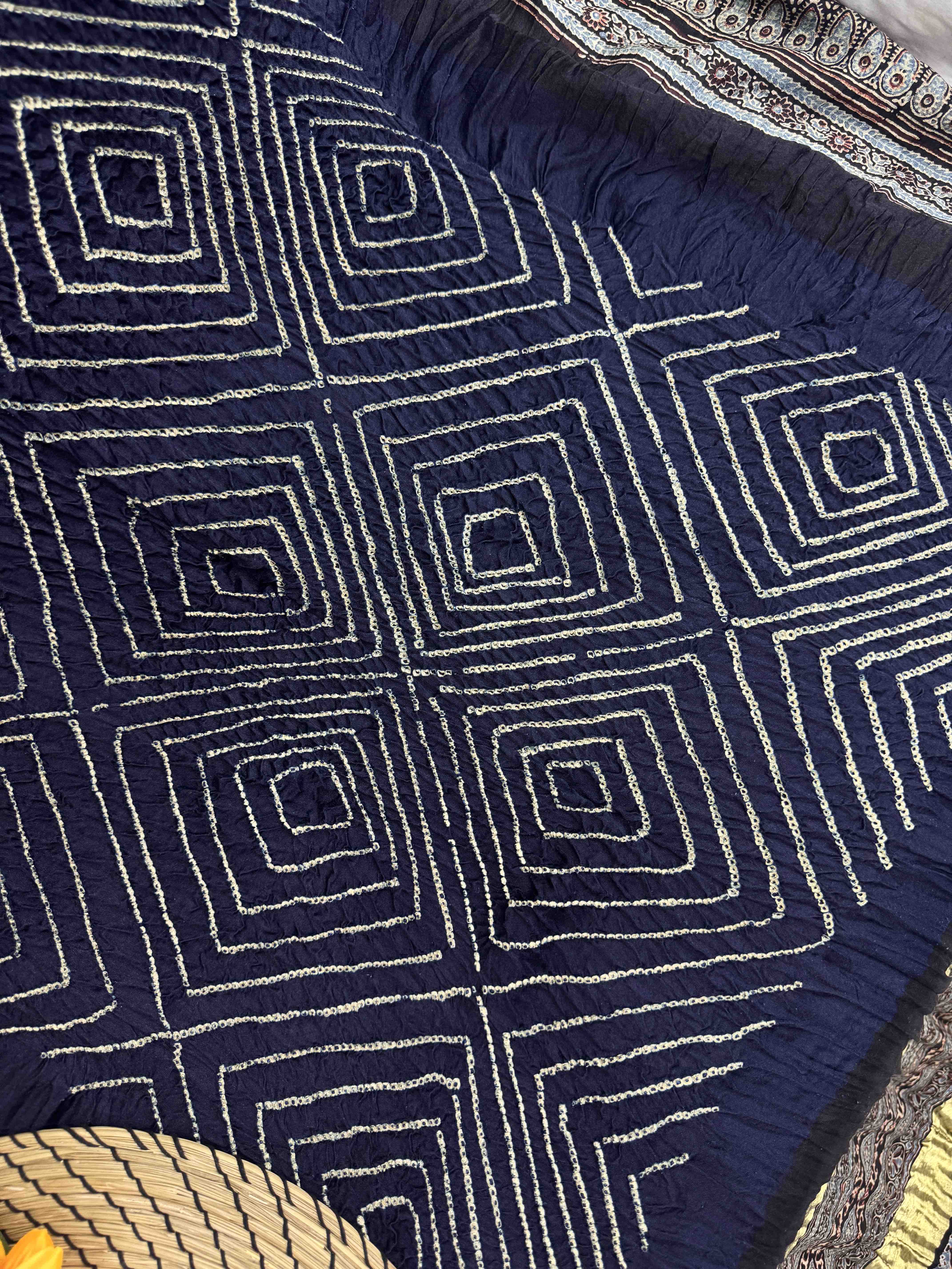Black & Navy Blue Gajji Silk with Ajarakh Print Bandhani Saree