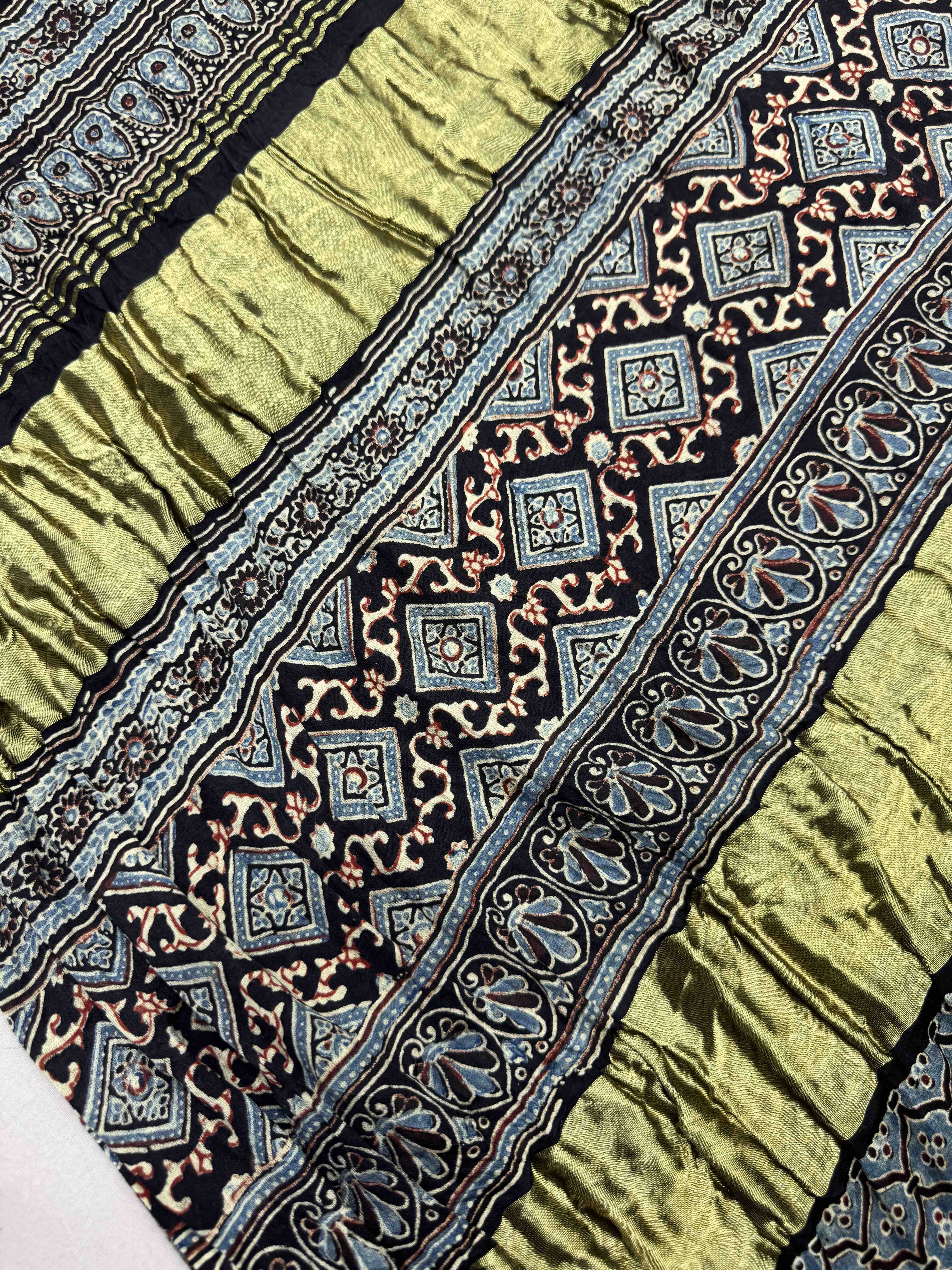 Black & Navy Blue Gajji Silk with Ajarakh Print Bandhani Saree