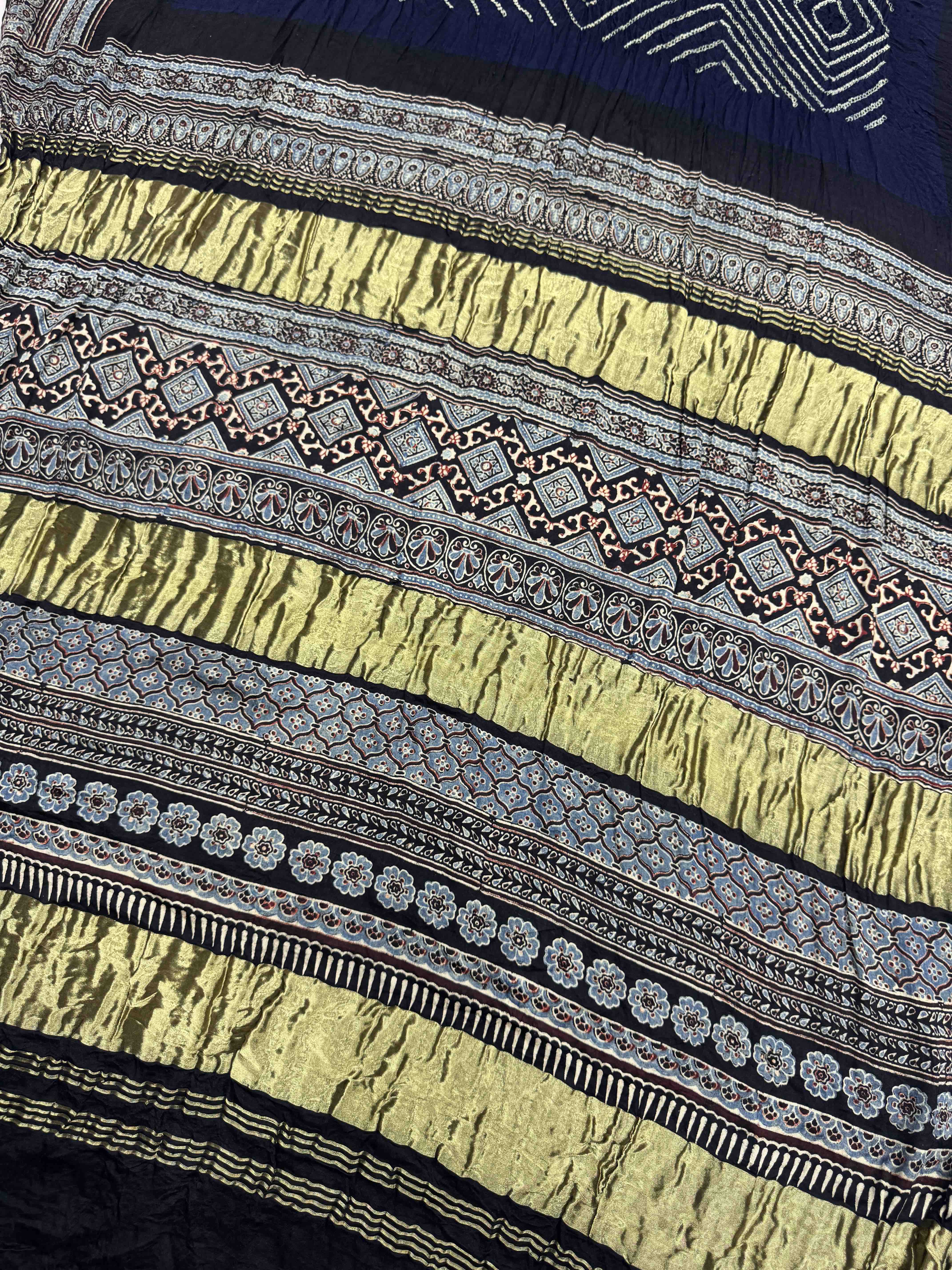 Black & Navy Blue Gajji Silk with Ajarakh Print Bandhani Saree