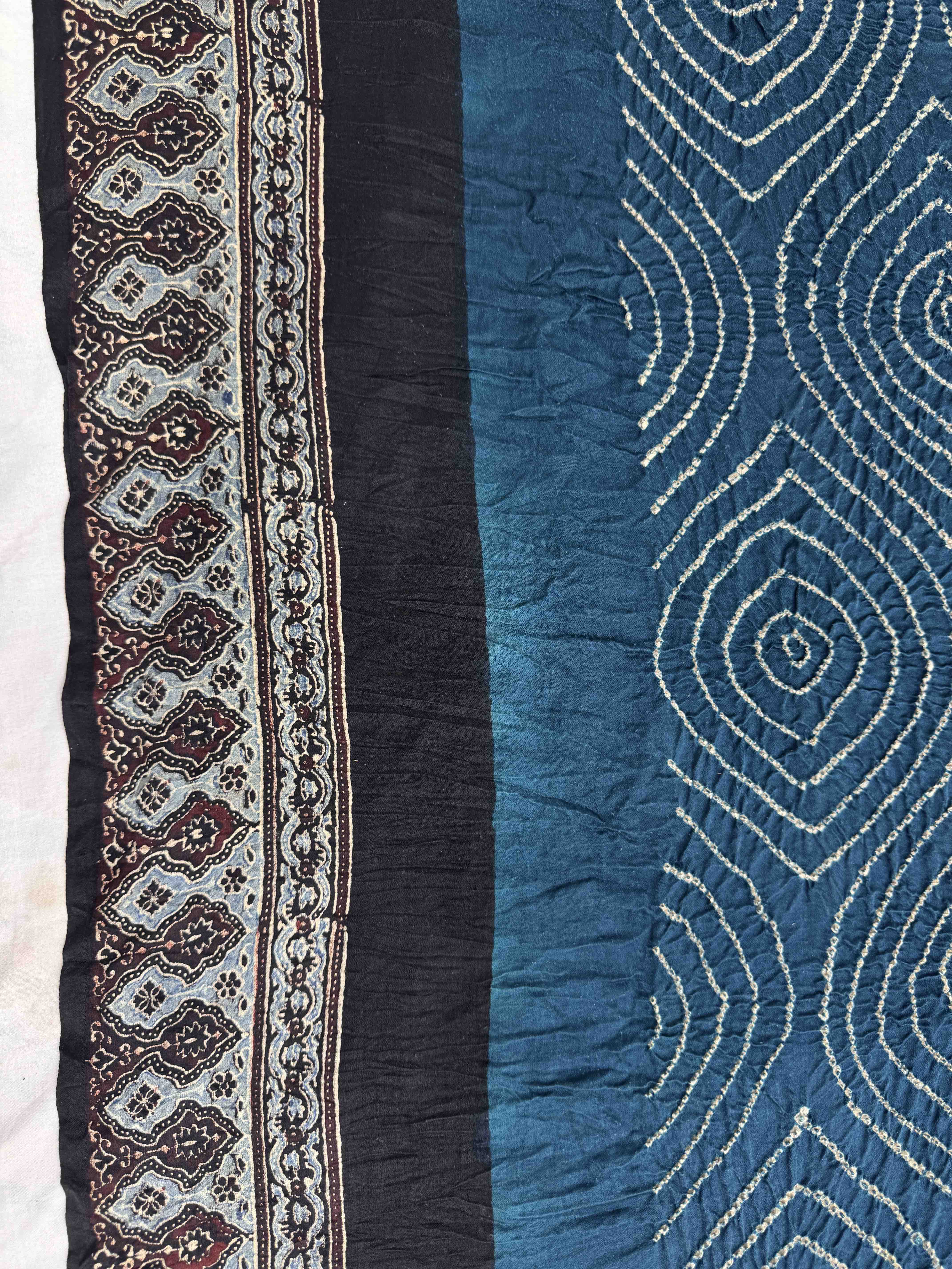 Black & Turquoise Blue Gajji Silk with Ajarakh Print Bandhani Saree