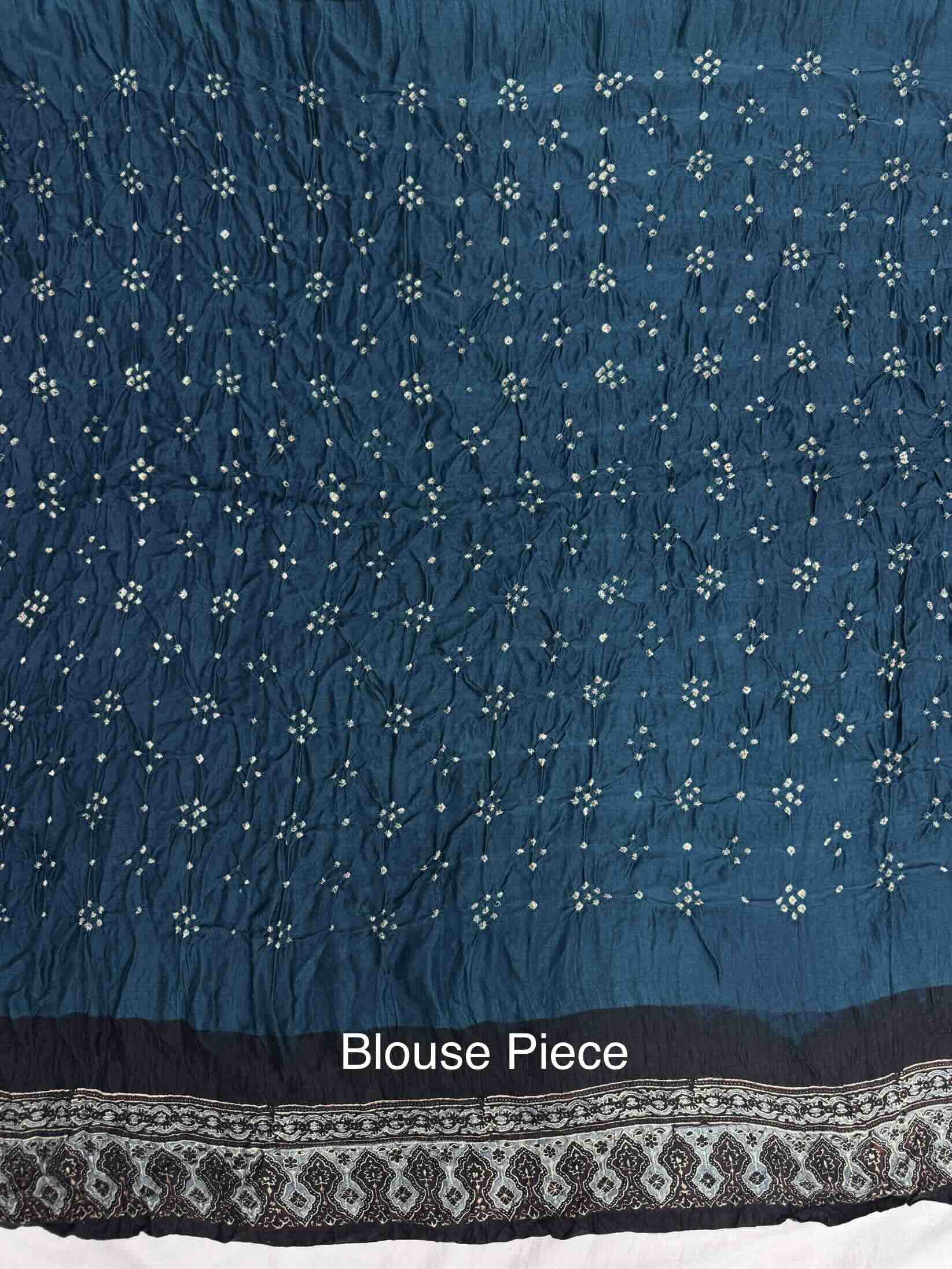 Black & Turquoise Blue Gajji Silk with Ajarakh Print Bandhani Saree