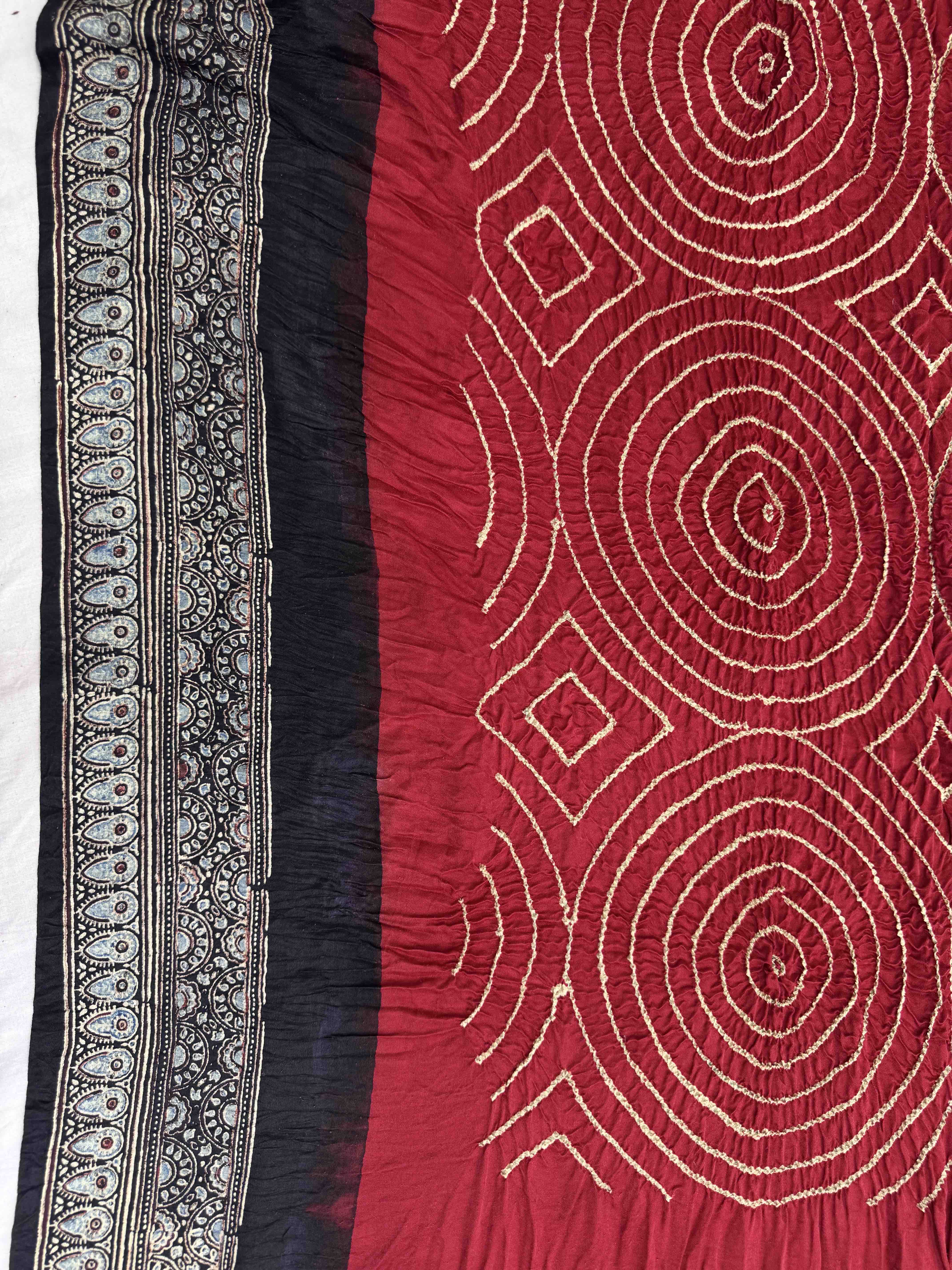 Black & Red Gajji Silk with Ajarakh Print Bandhani Saree