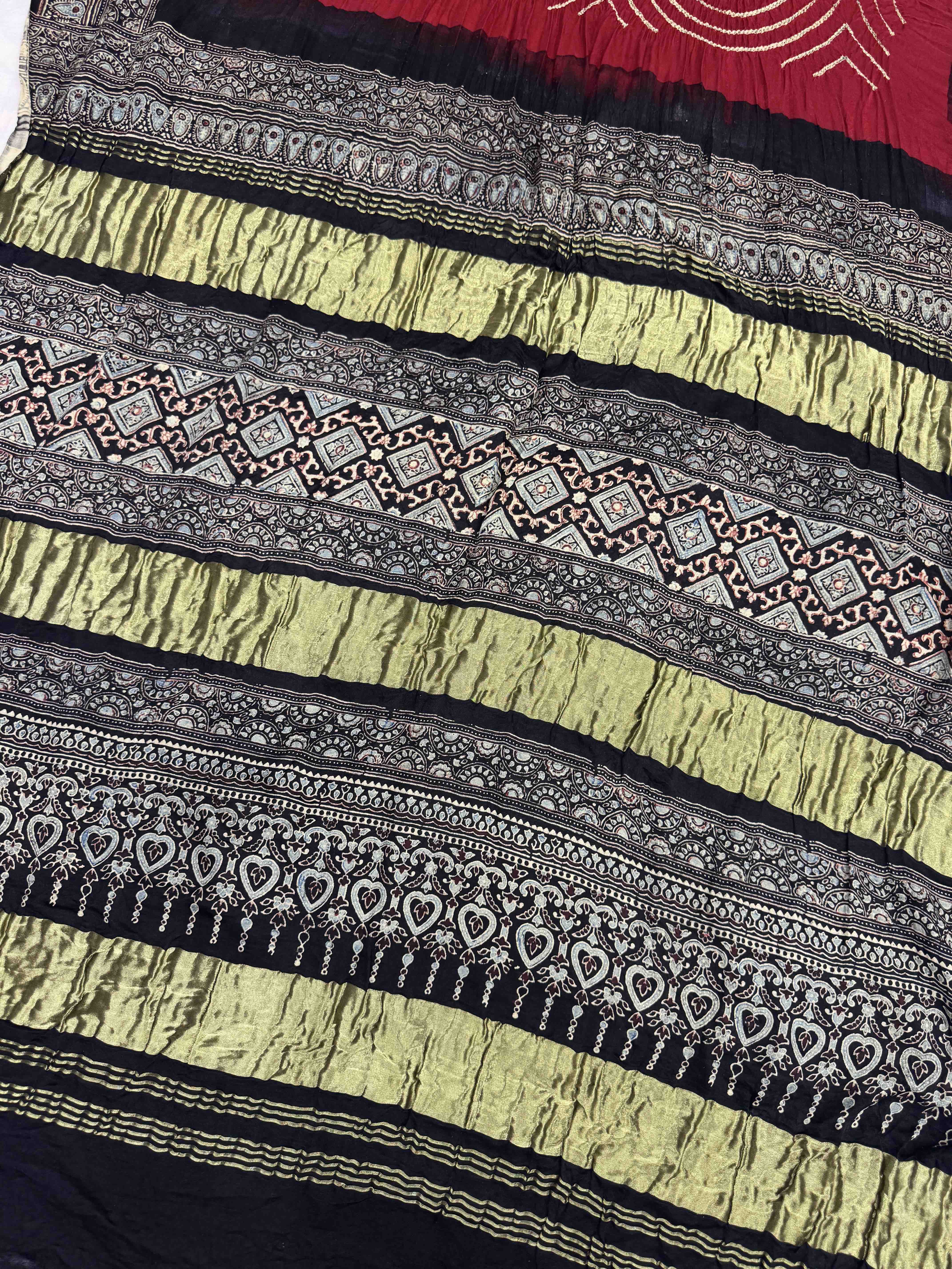 Black & Red Gajji Silk with Ajarakh Print Bandhani Saree