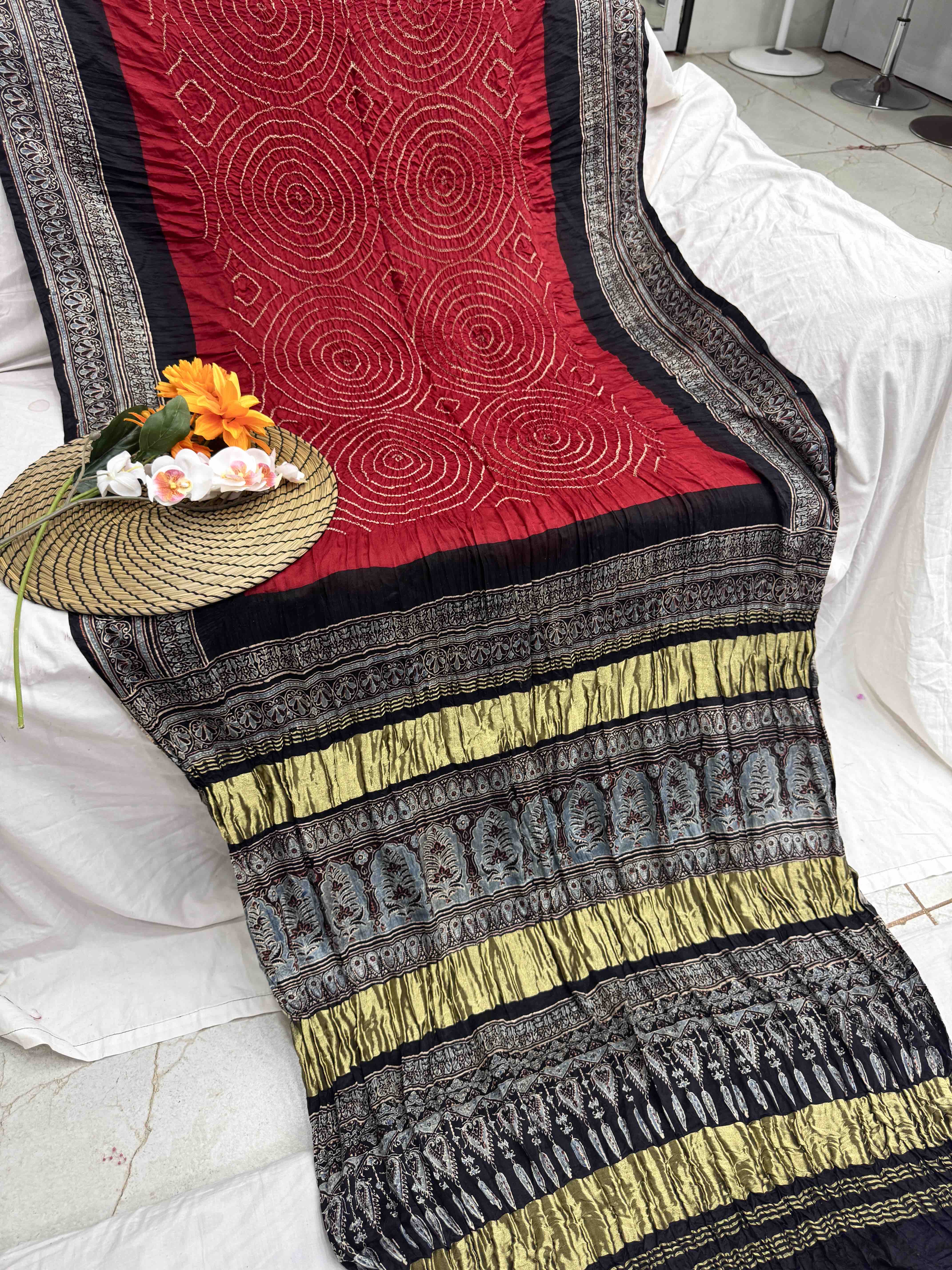 Black & Red Gajji Silk with Ajarakh Print Bandhani Saree