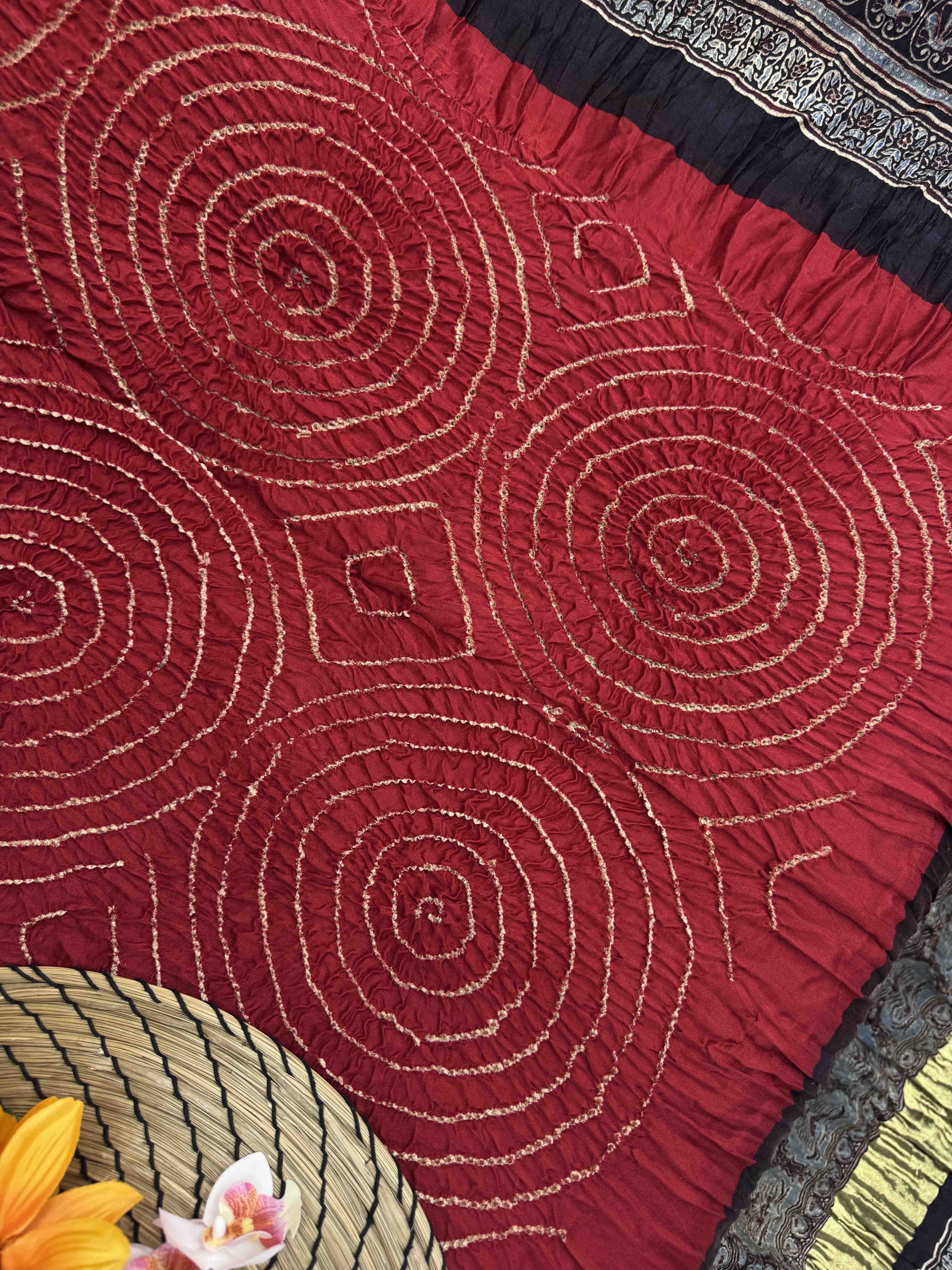 Black & Red Gajji Silk with Ajarakh Print Bandhani Saree