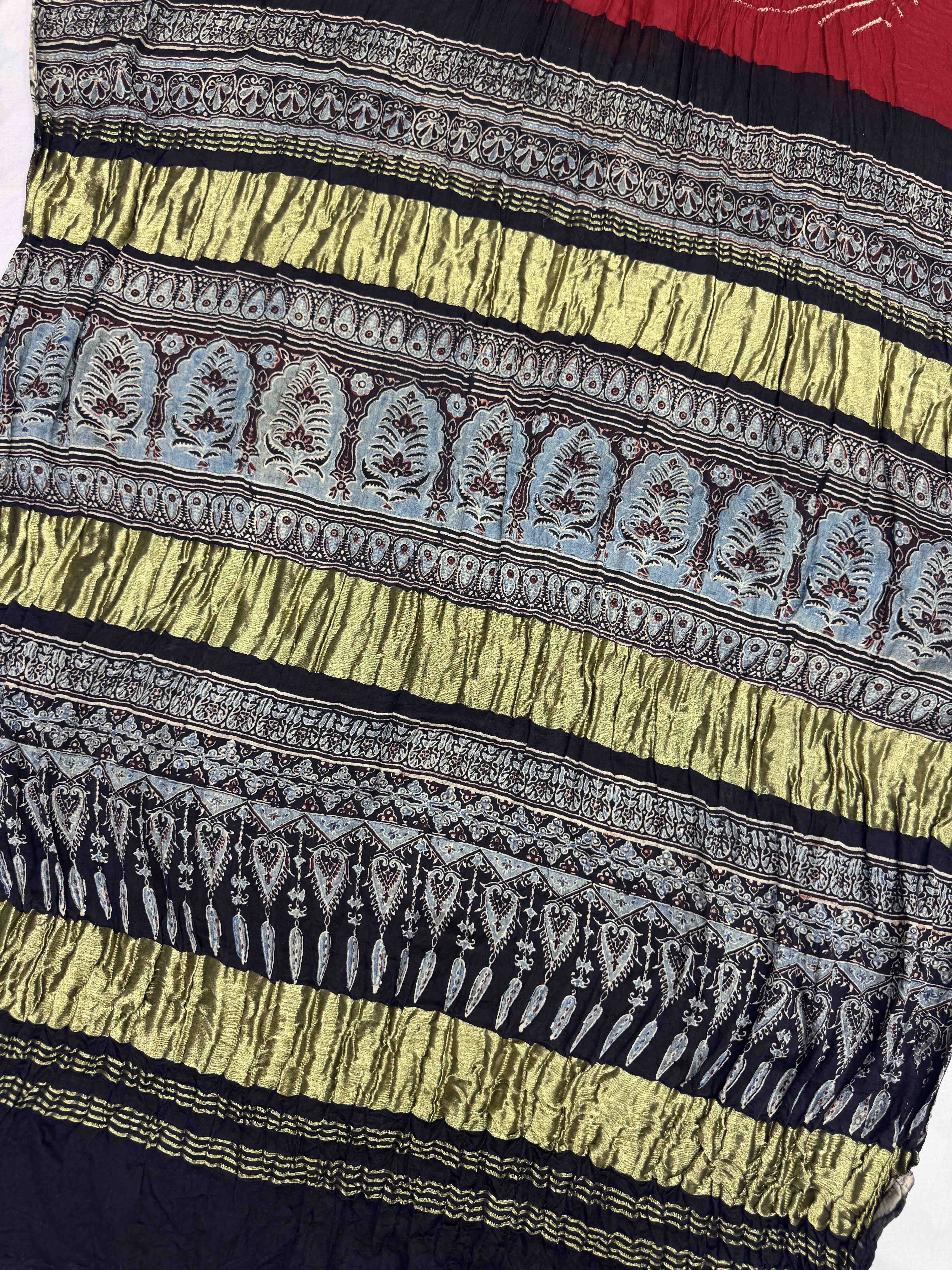 Black & Red Gajji Silk with Ajarakh Print Bandhani Saree