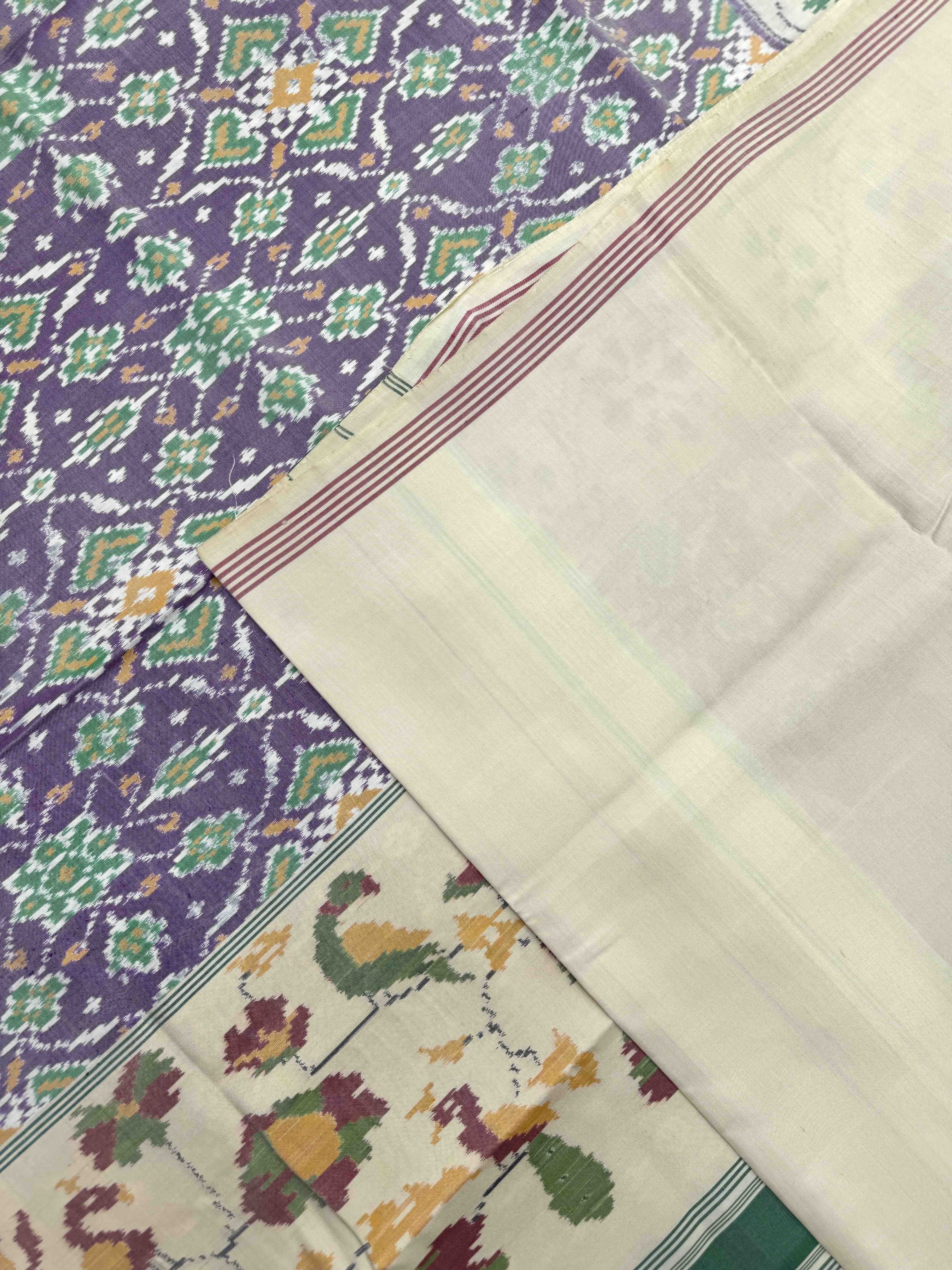 Off White & Light Purple Chhabdi Single Ikat Patan Patola Saree