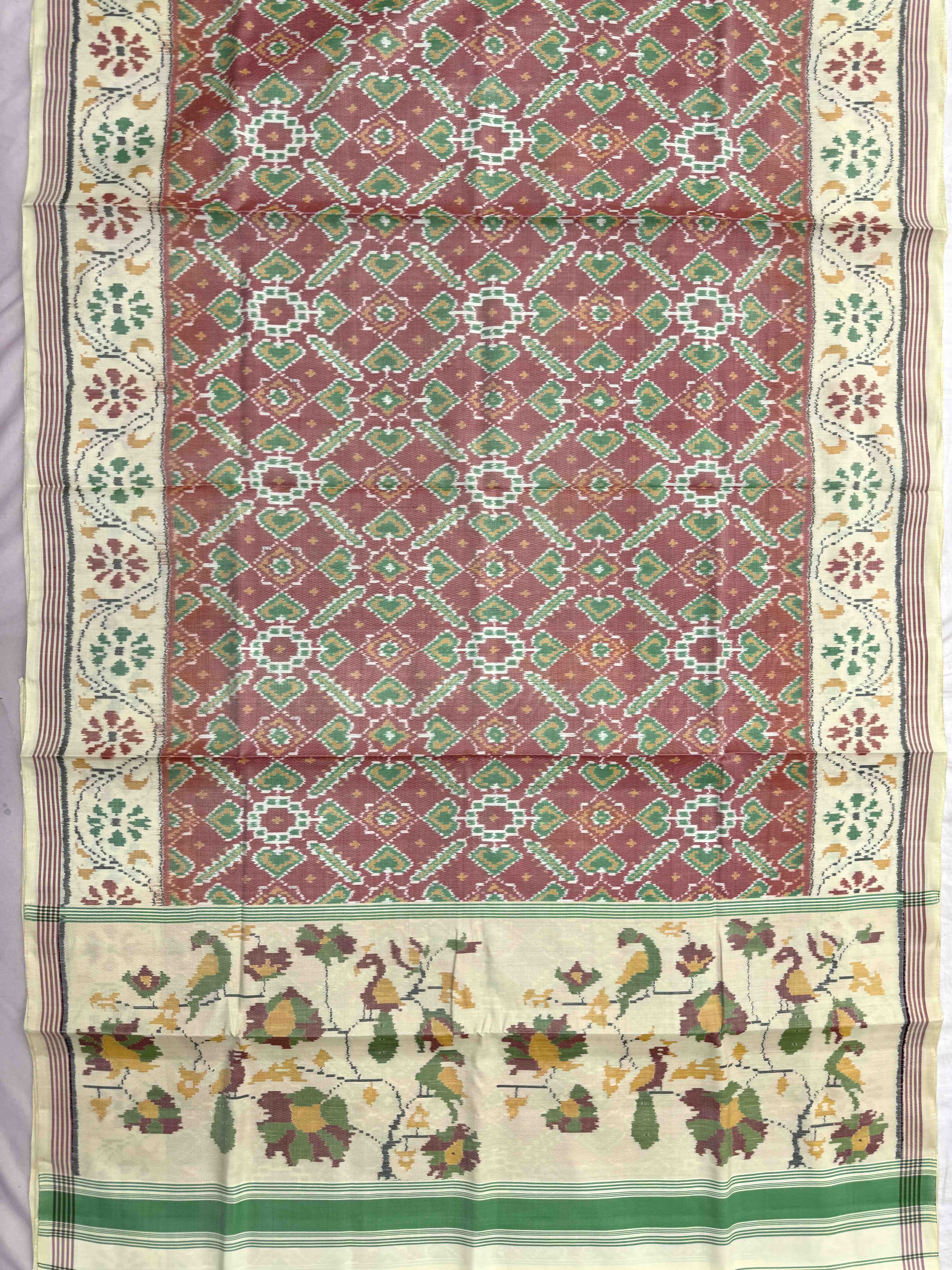 Off White & Rust Manekchowk Single Ikat Patan Patola Saree