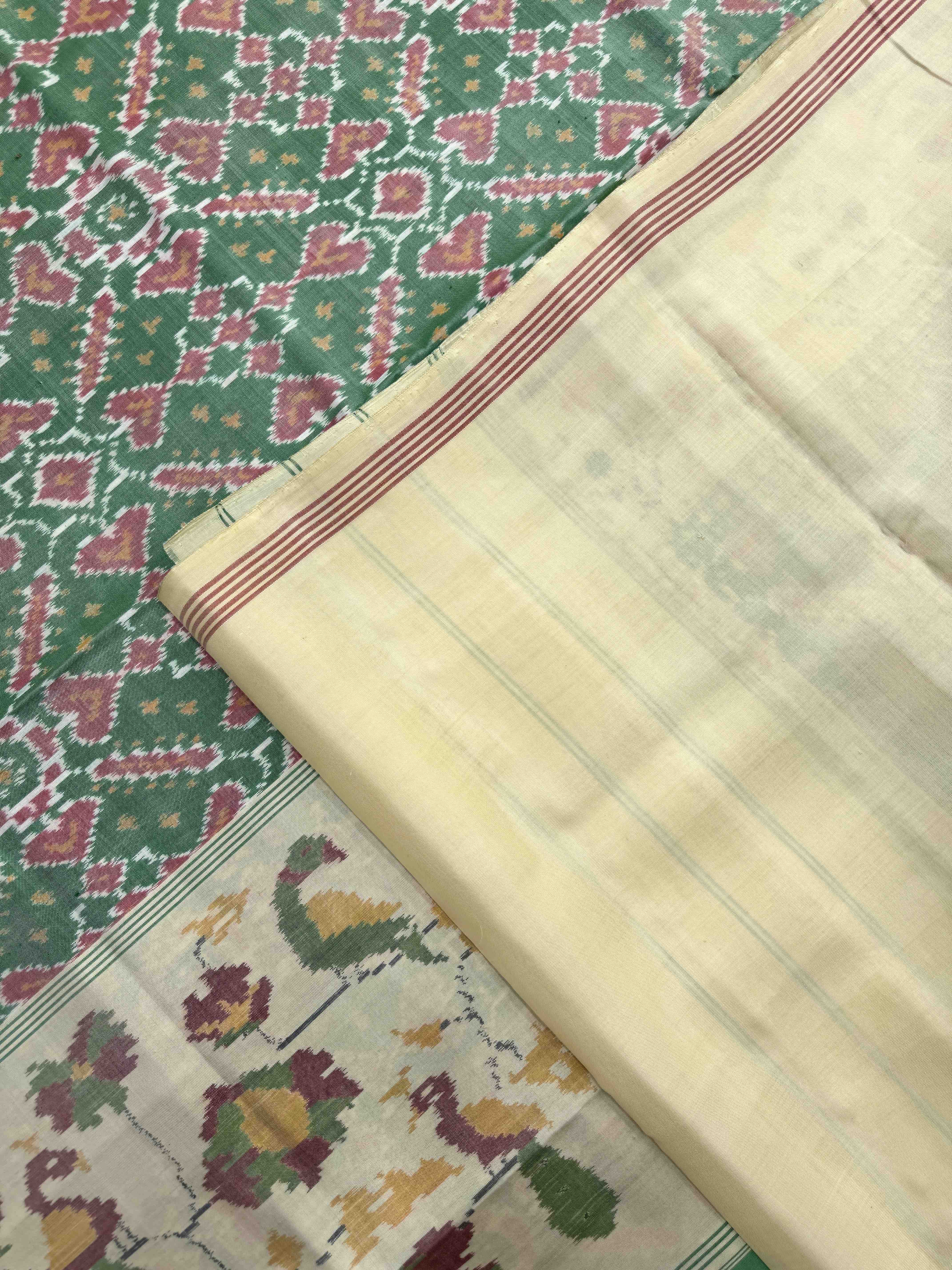 Off White & Light Green Manekchowk Single Ikat Patan Patola Saree