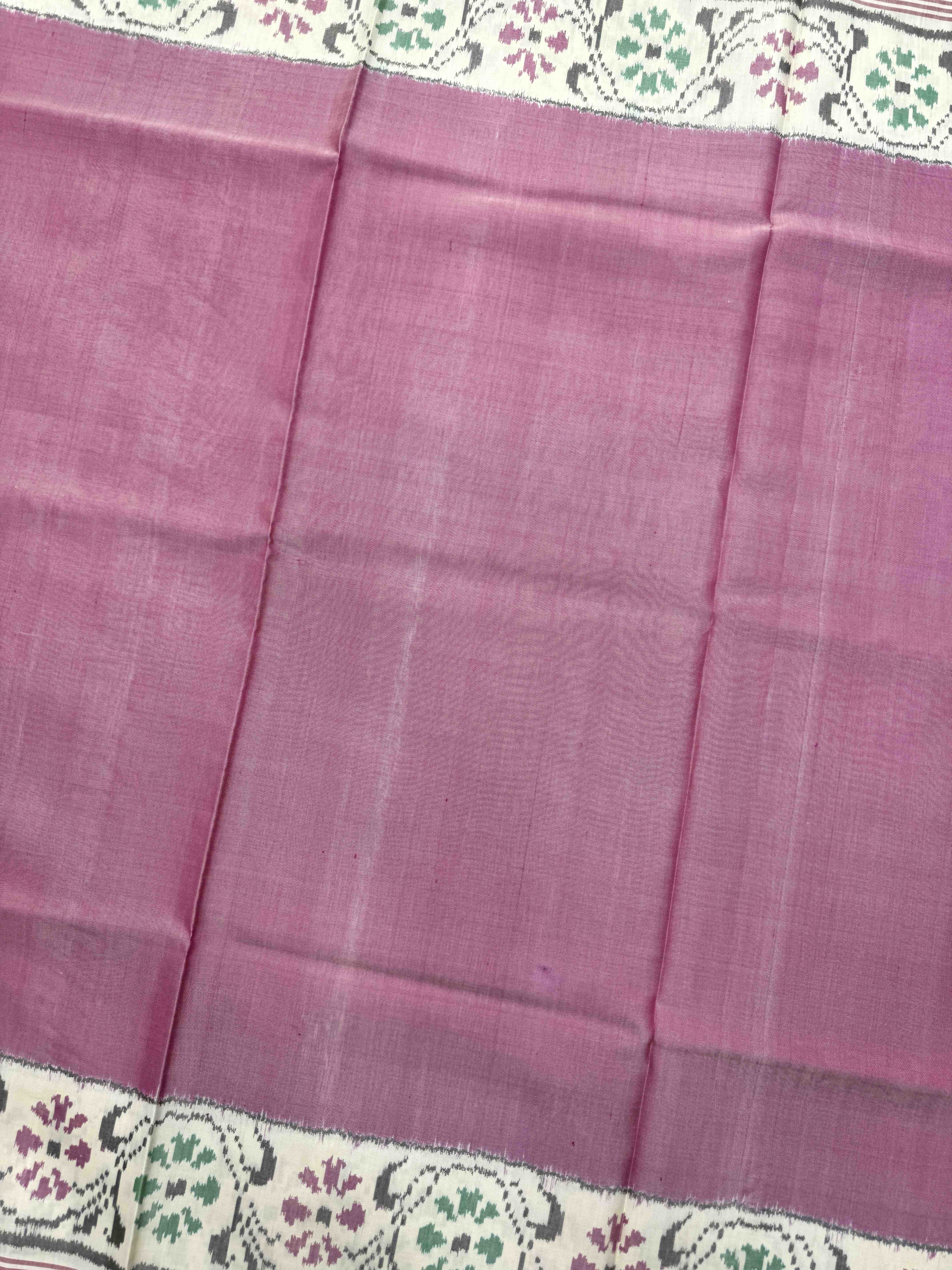 Off White & Light Pink Plain Single Ikat Patan Patola Saree