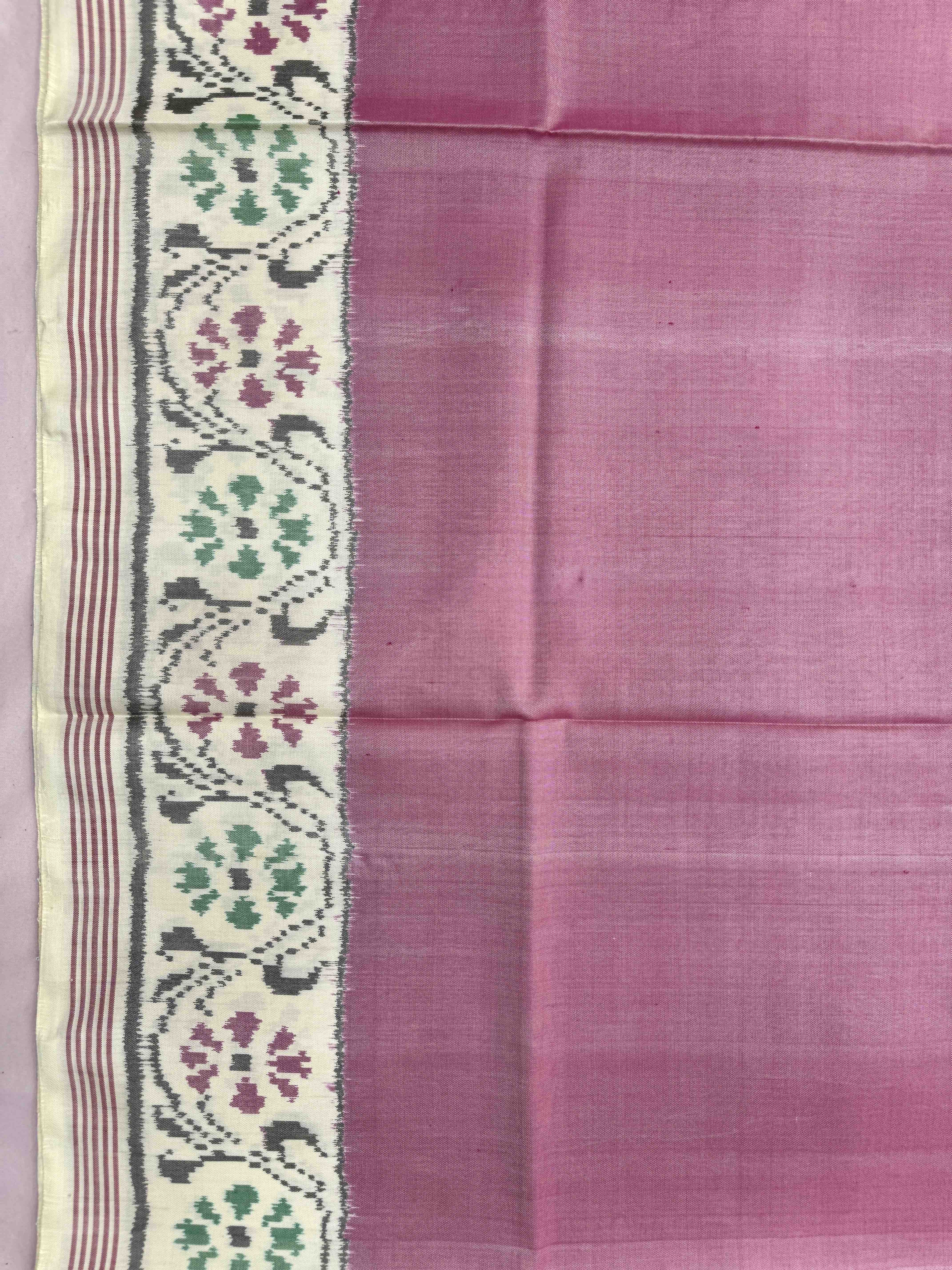 Off White & Light Pink Plain Single Ikat Patan Patola Saree