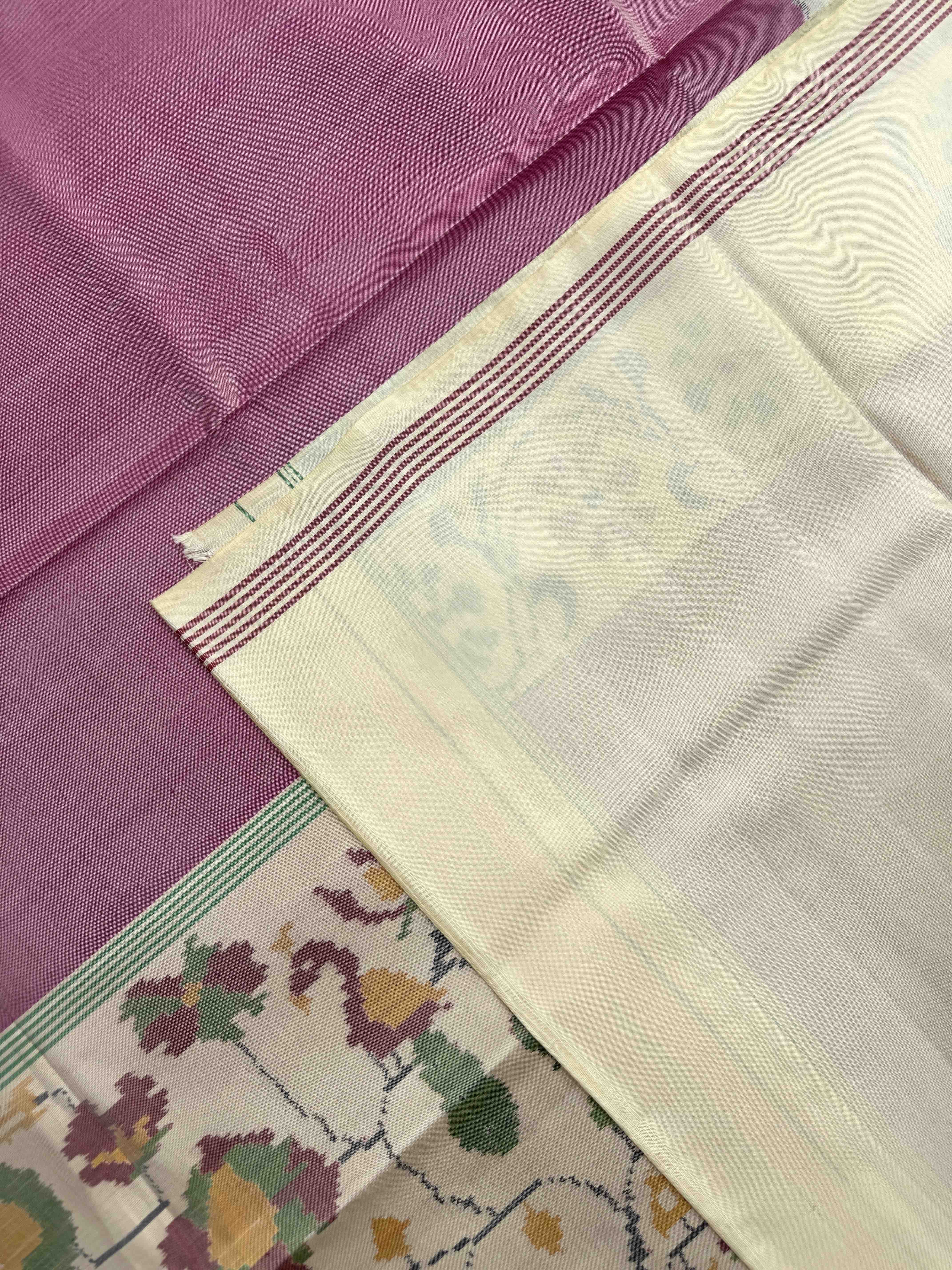 Off White & Light Pink Plain Single Ikat Patan Patola Saree