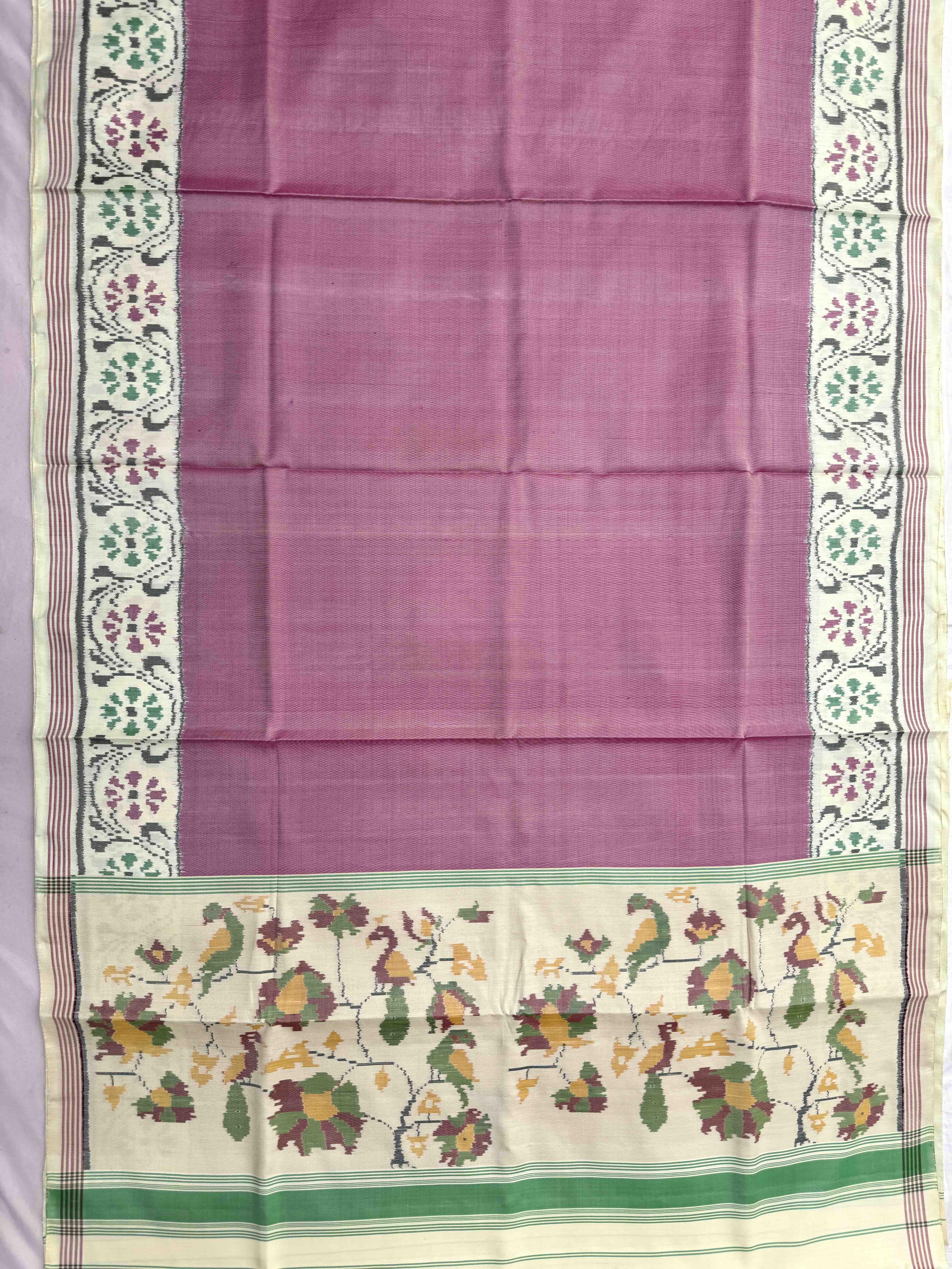 Off White & Light Pink Plain Single Ikat Patan Patola Saree