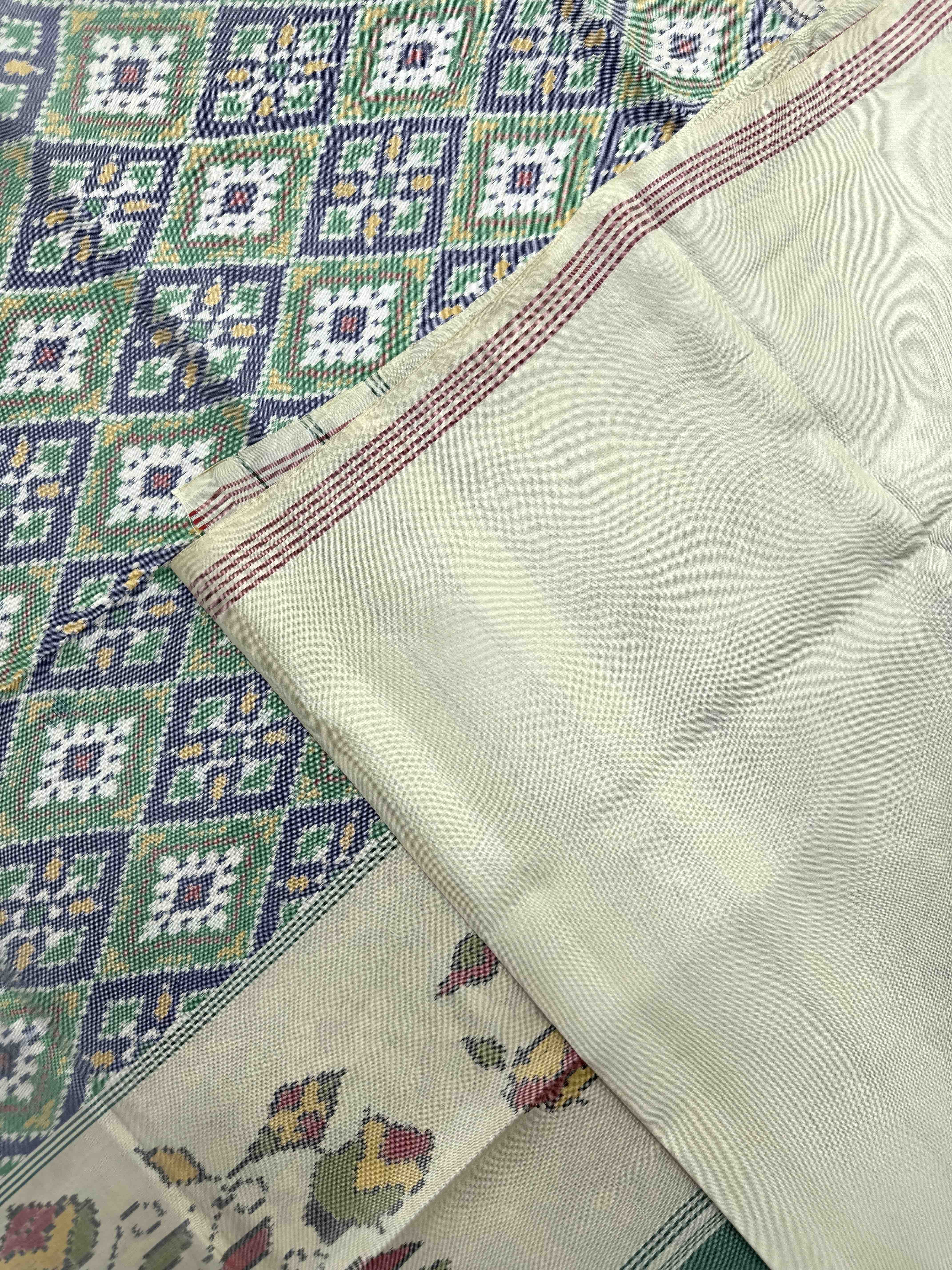Off White & Blue with Green Panchanda Single Ikat Patan Patola Saree