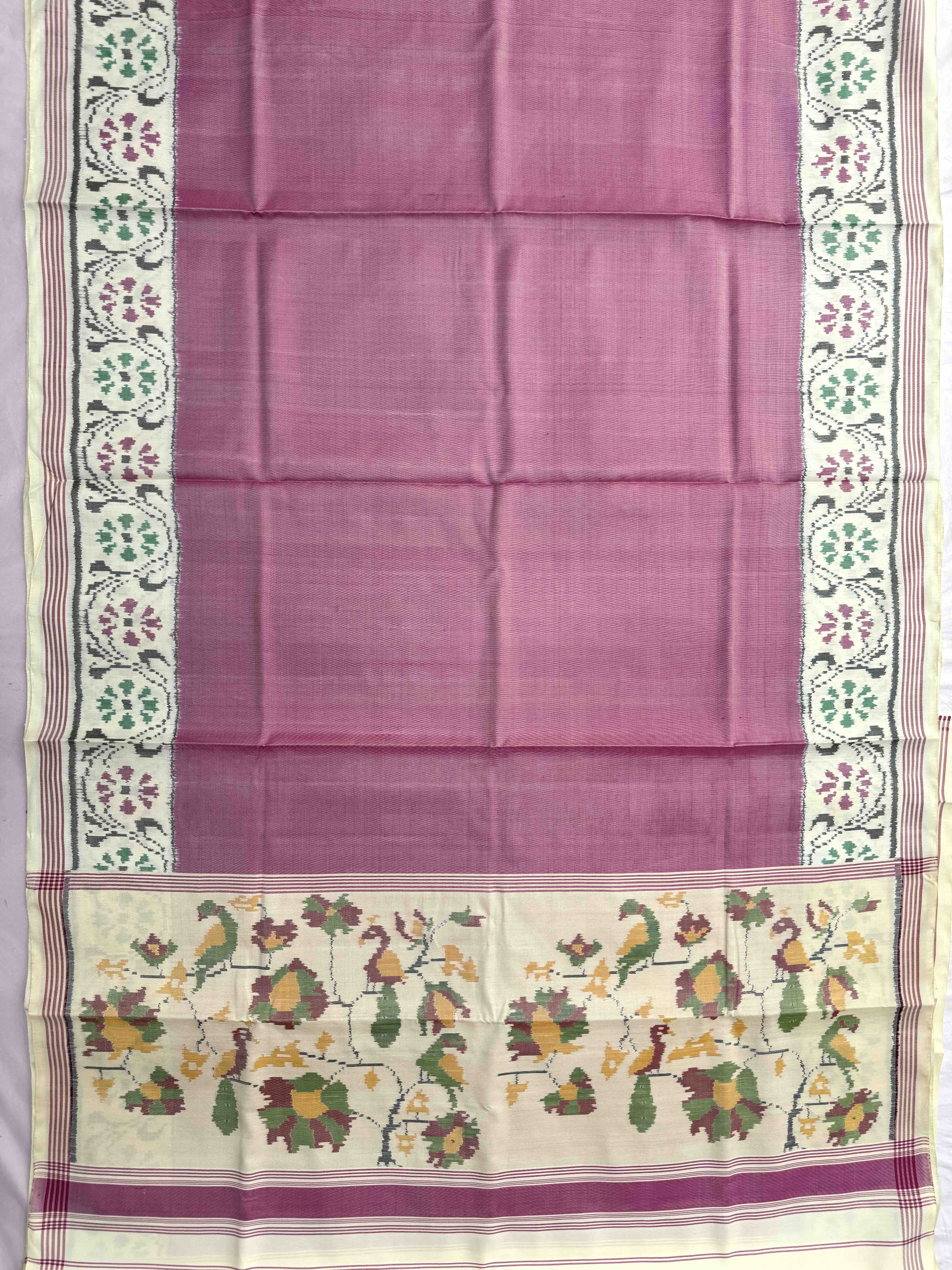 Off White & Light Pink Plain Single Ikat Patan Patola Saree