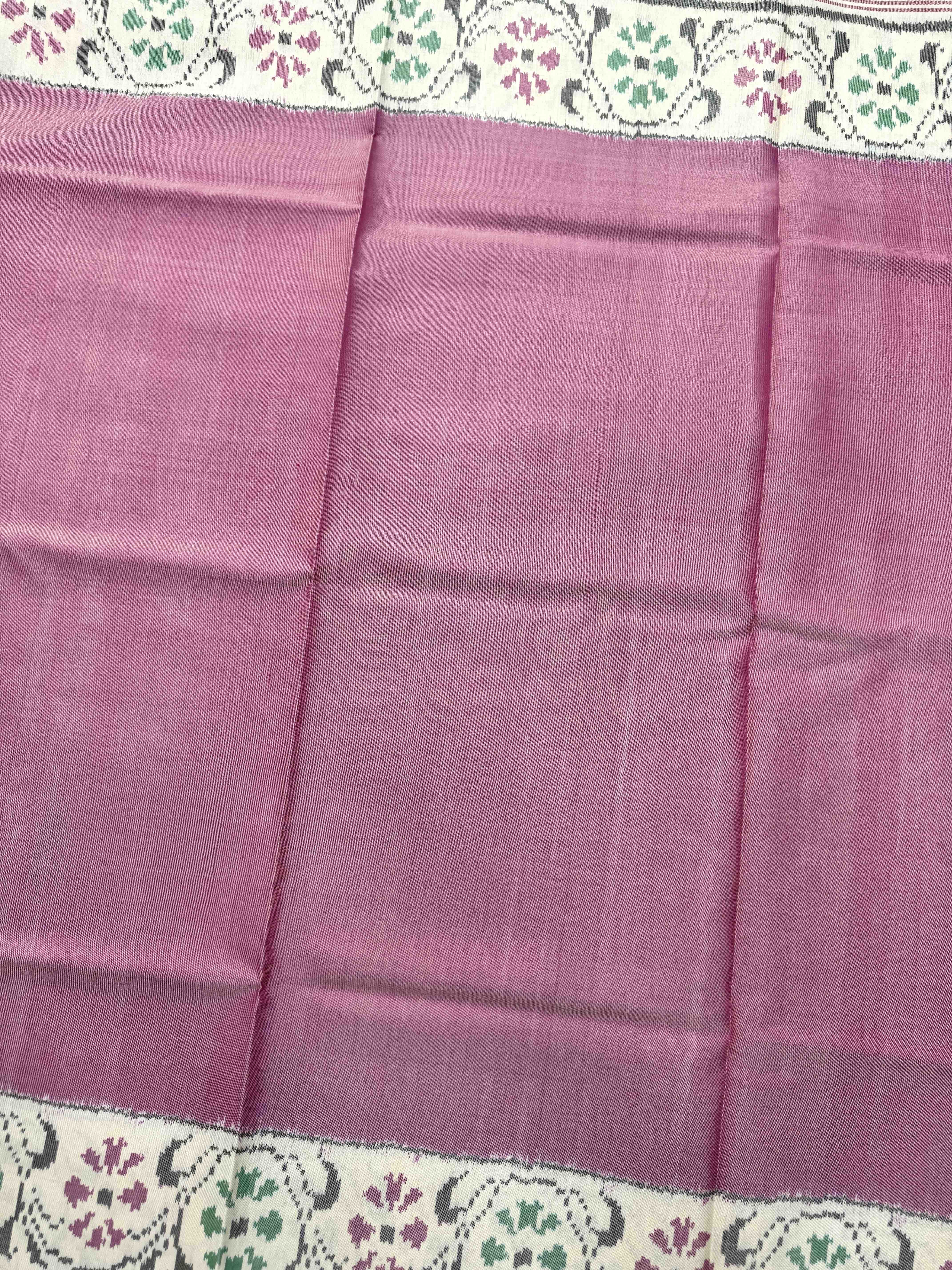 Off White & Light Pink Plain Single Ikat Patan Patola Saree