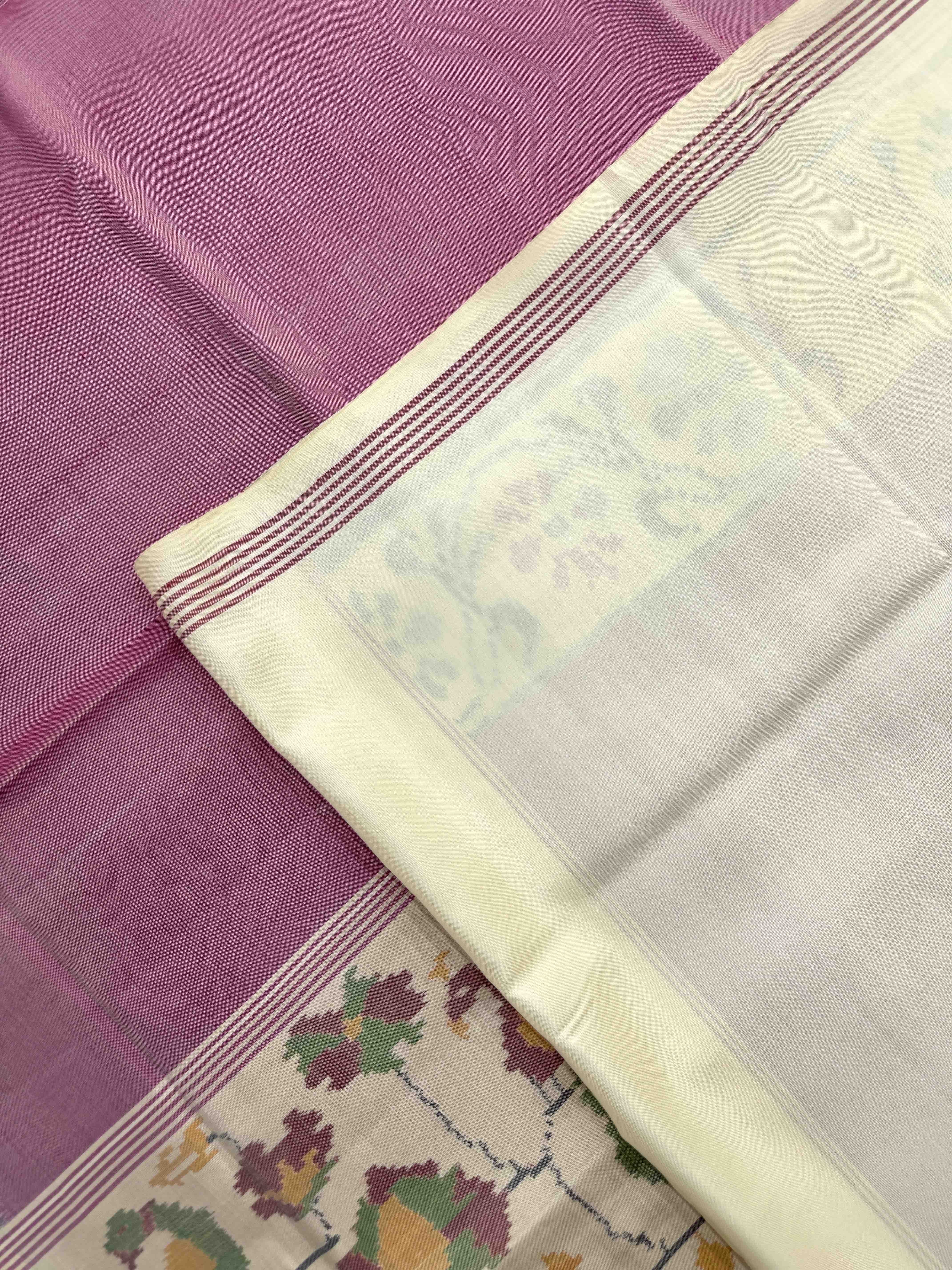 Off White & Light Pink Plain Single Ikat Patan Patola Saree