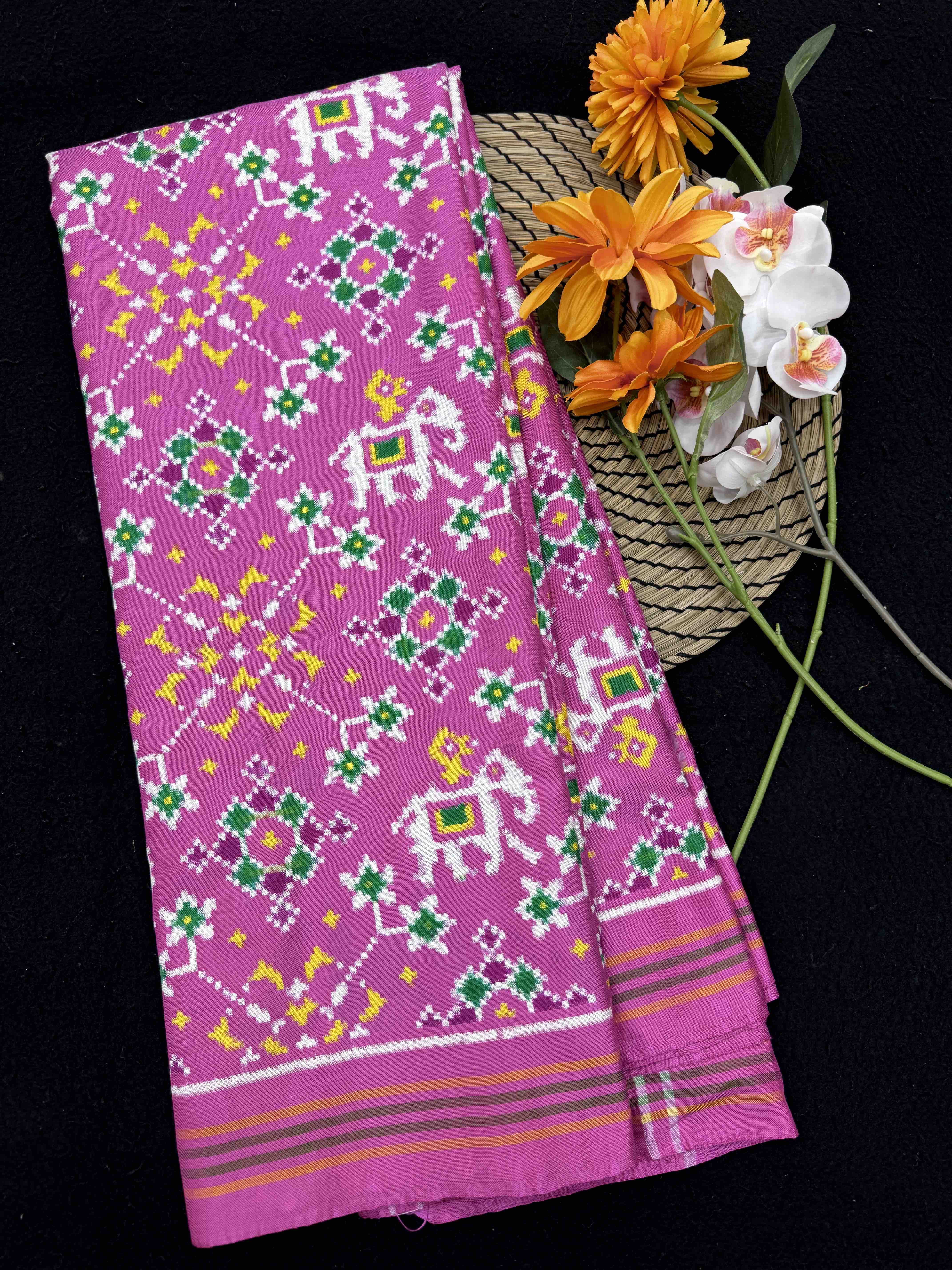 Light Pink Elephant Navratan Double Ikat Patan Patola Saree