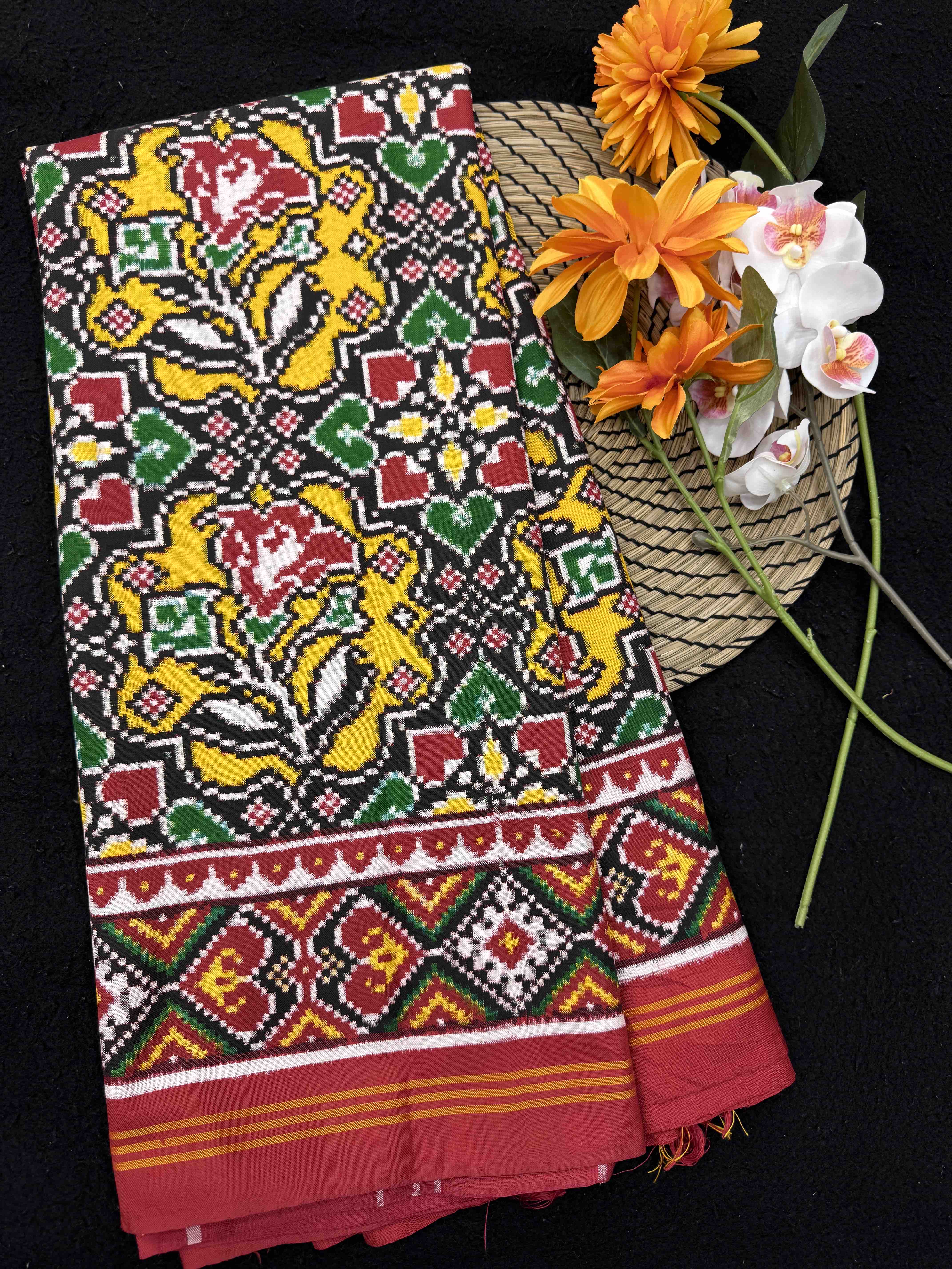Red & Yellow Fancy Flower Double Ikat Patan Patola Saree