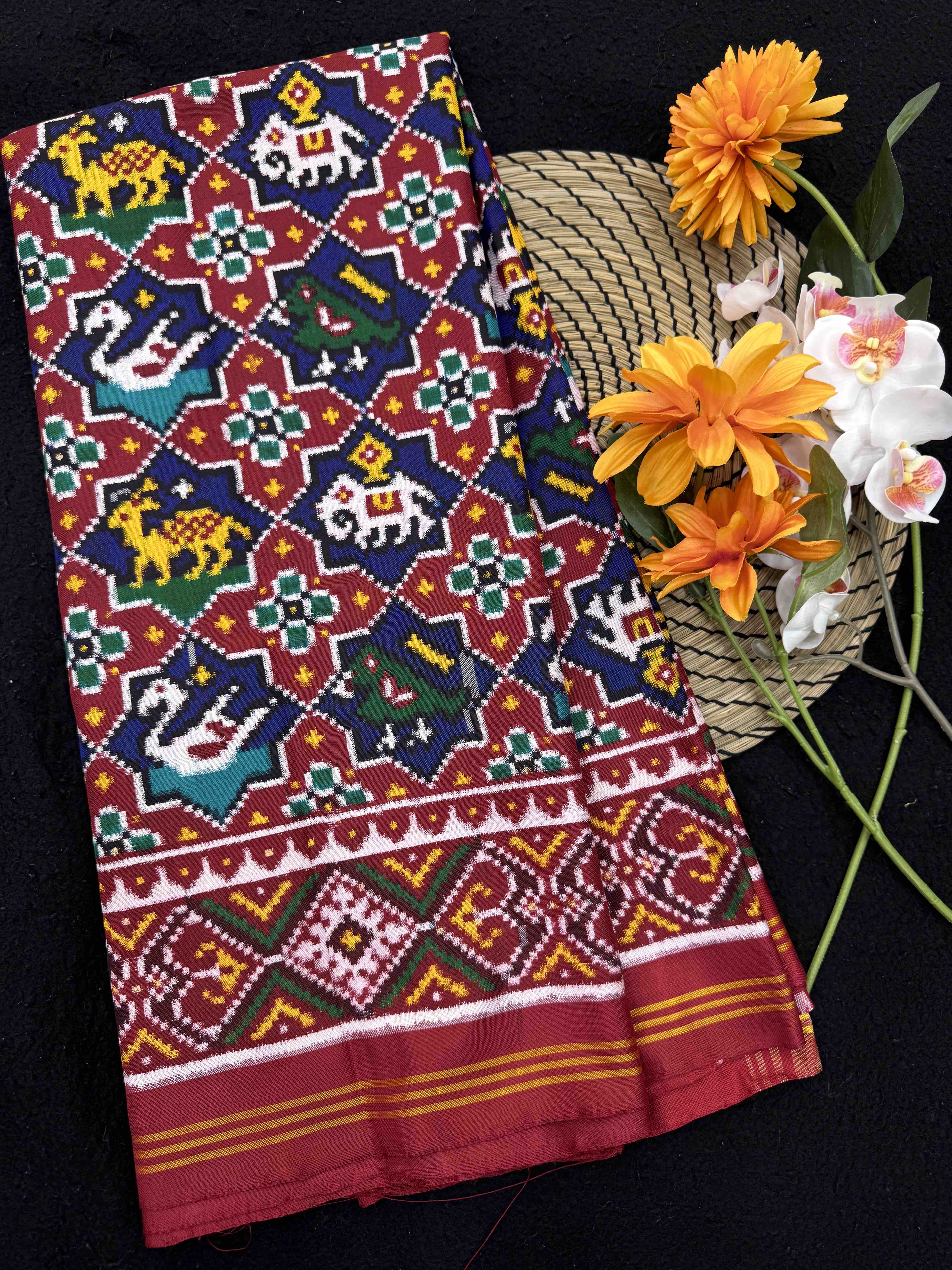 Red & Blue Small Star Narikunj Double Ikat Patan Patola Saree