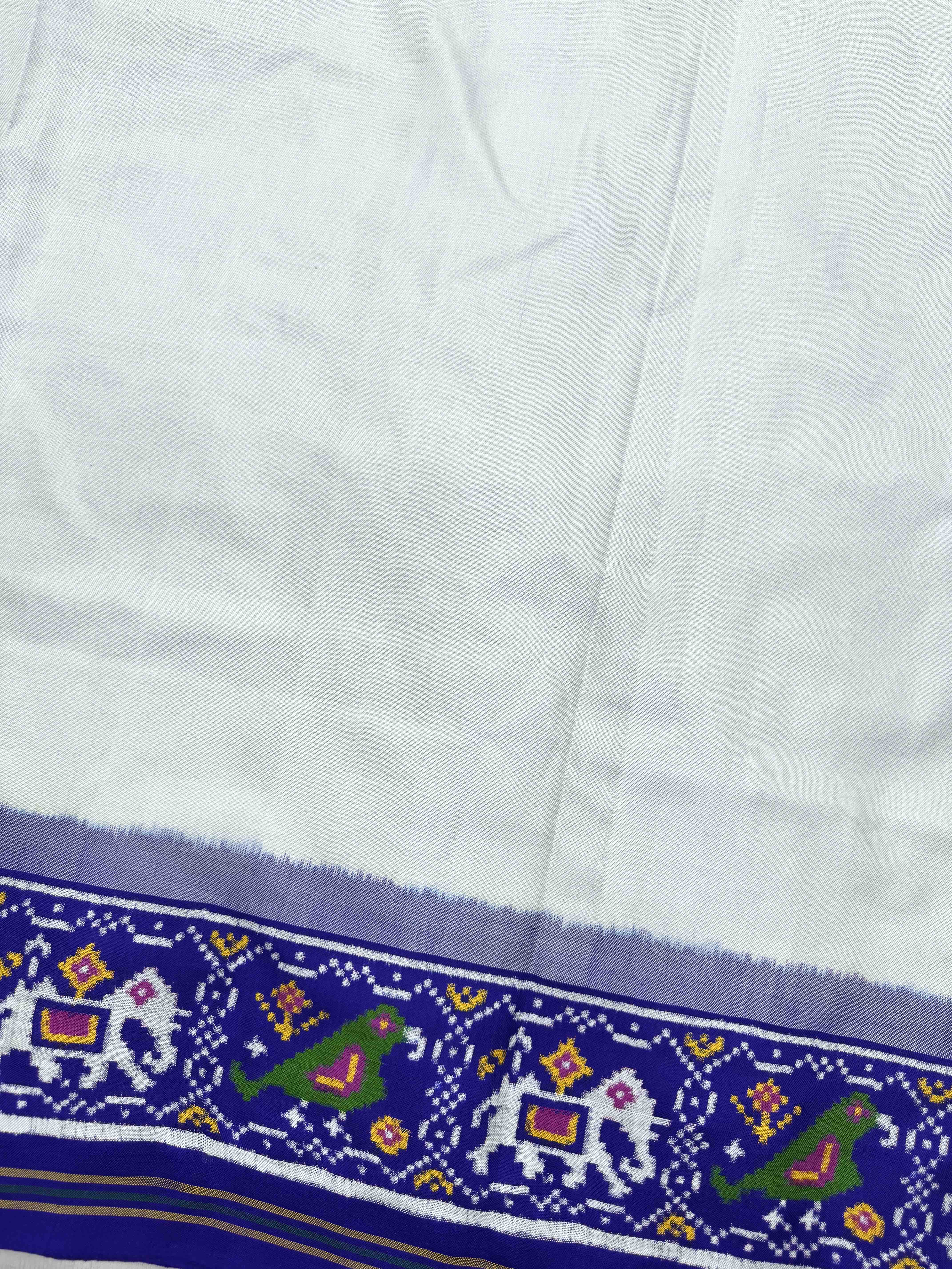 Blue & White Plain with Narikunj Border Pallu Double Ikat Patan Patola Saree