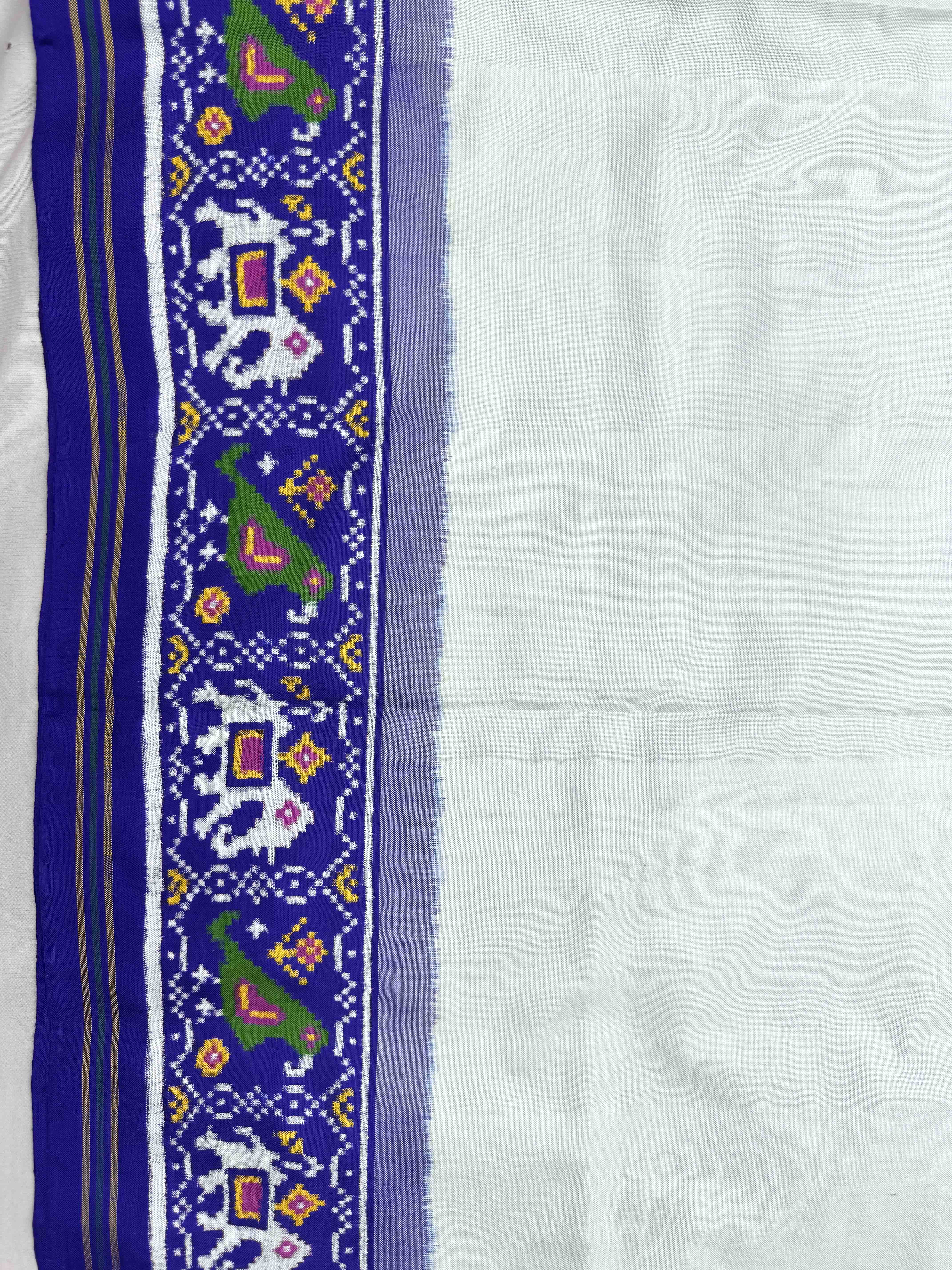 Blue & White Plain with Narikunj Border Pallu Double Ikat Patan Patola Saree