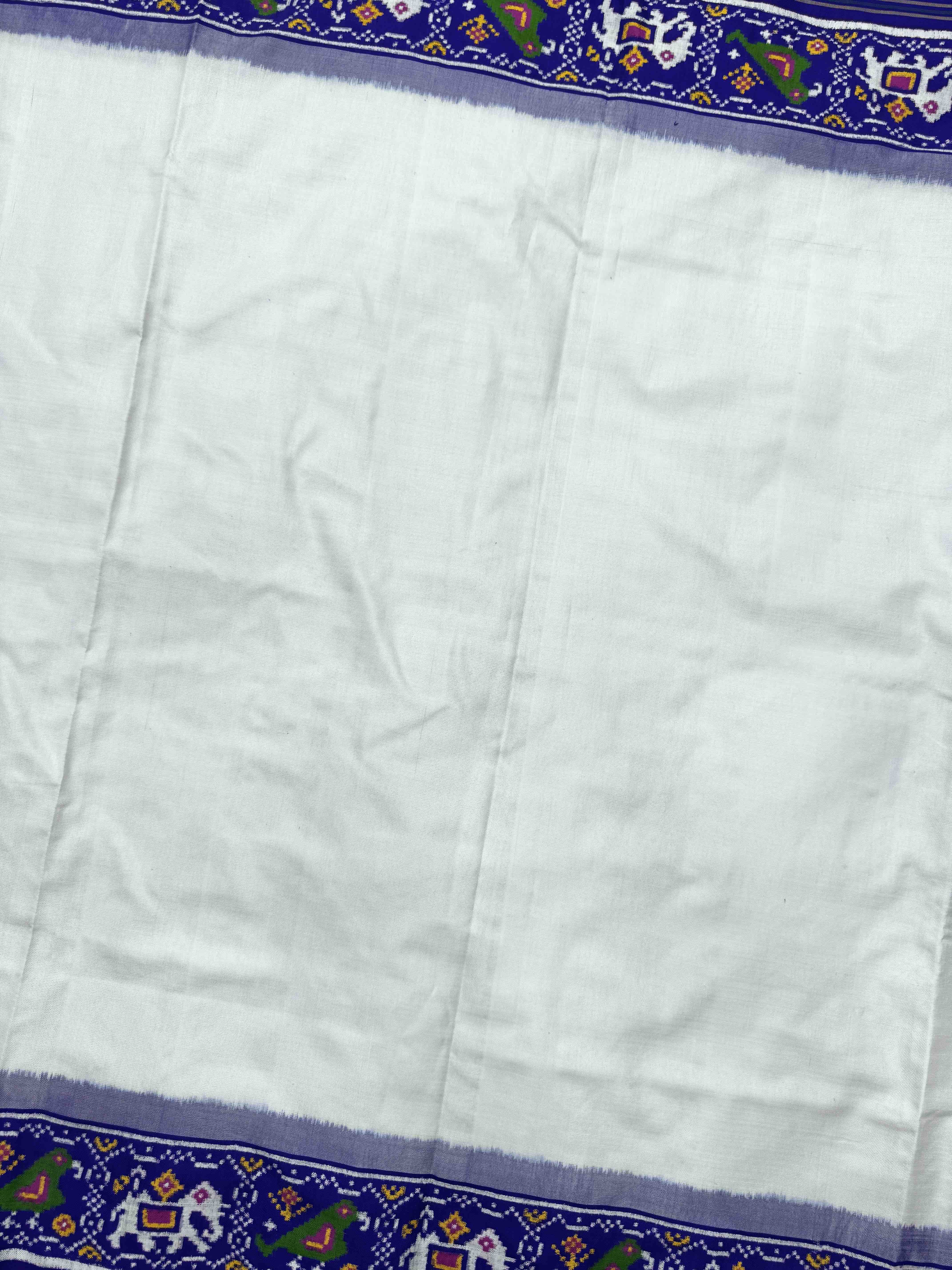 Blue & White Plain with Narikunj Border Pallu Double Ikat Patan Patola Saree