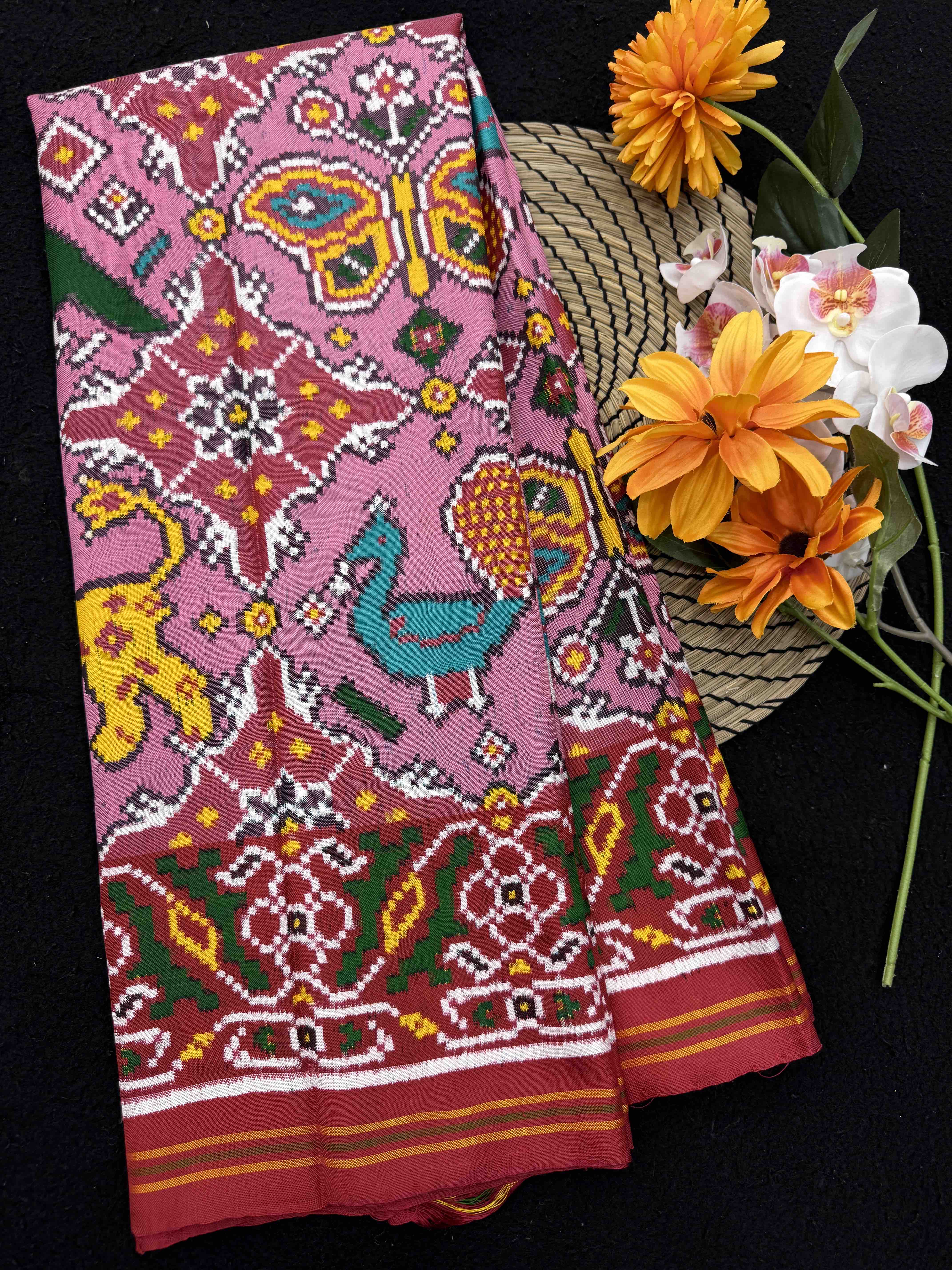 Red & Light Pink Narikunj Chhabdi Double Ikat Patan Patola Saree