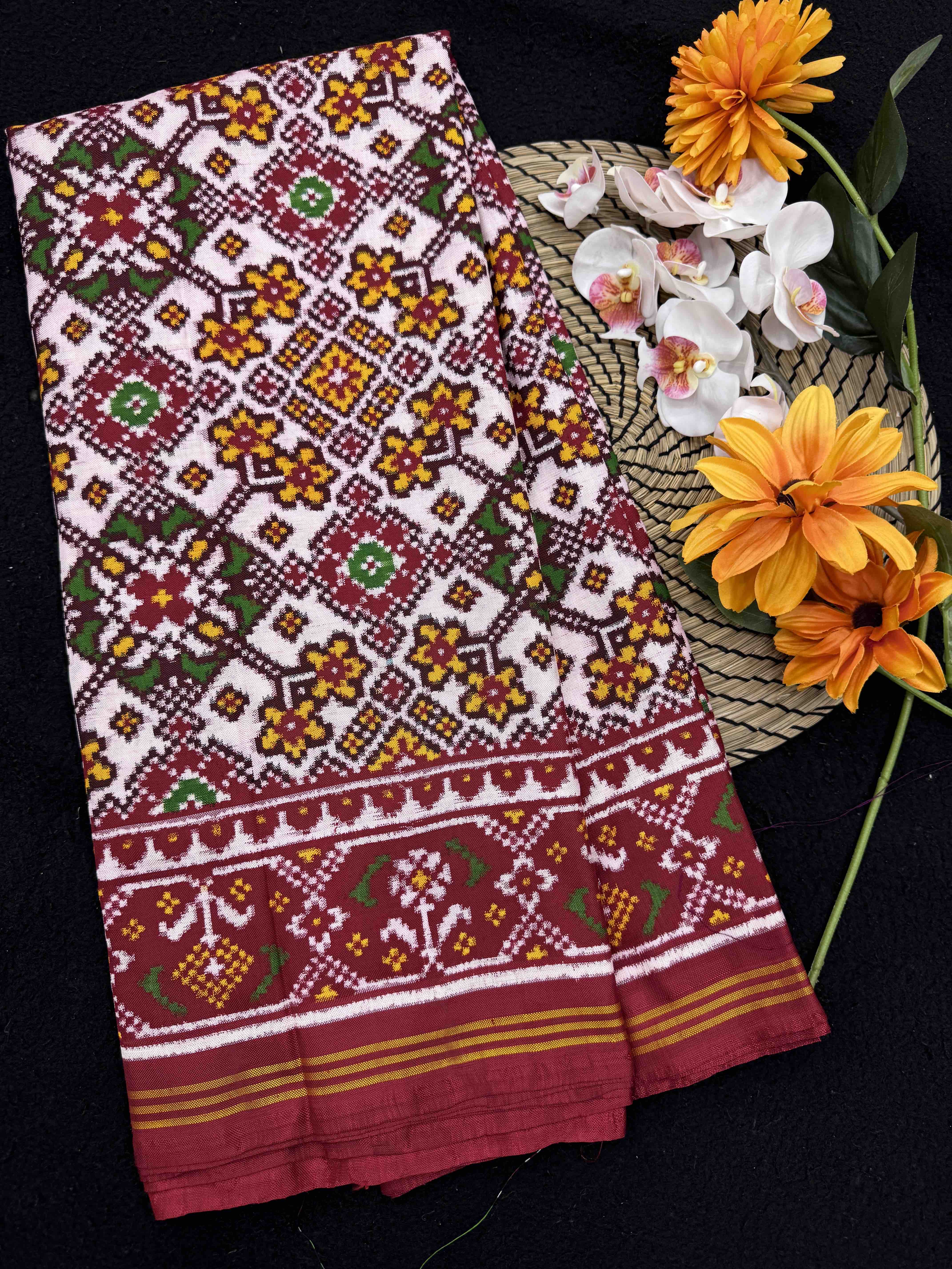 Red & White Navratan Double Ikat Patan Patola Saree