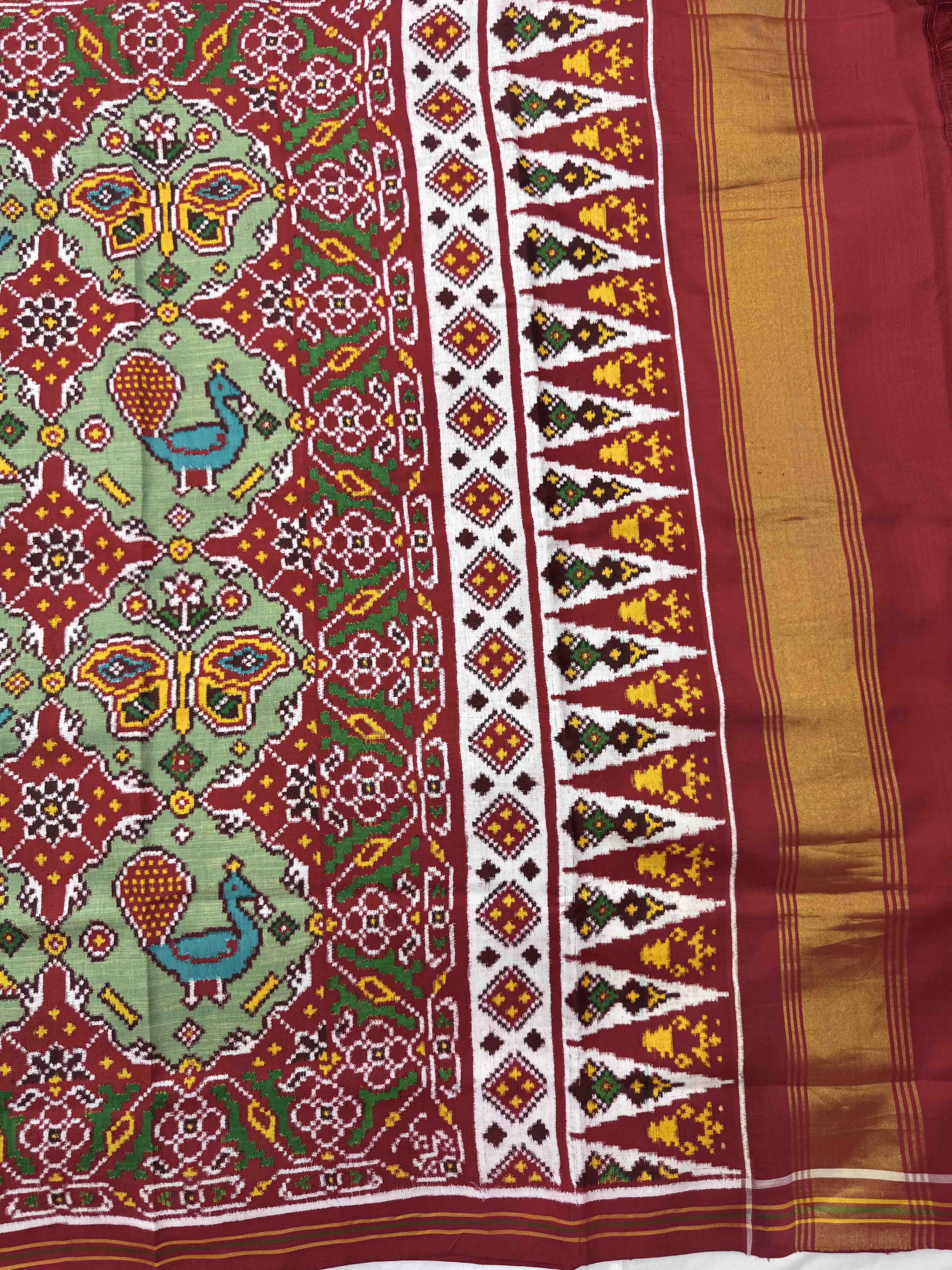Red & Pista Green Narikunj Chhabdi Double Ikat Patan Patola Saree