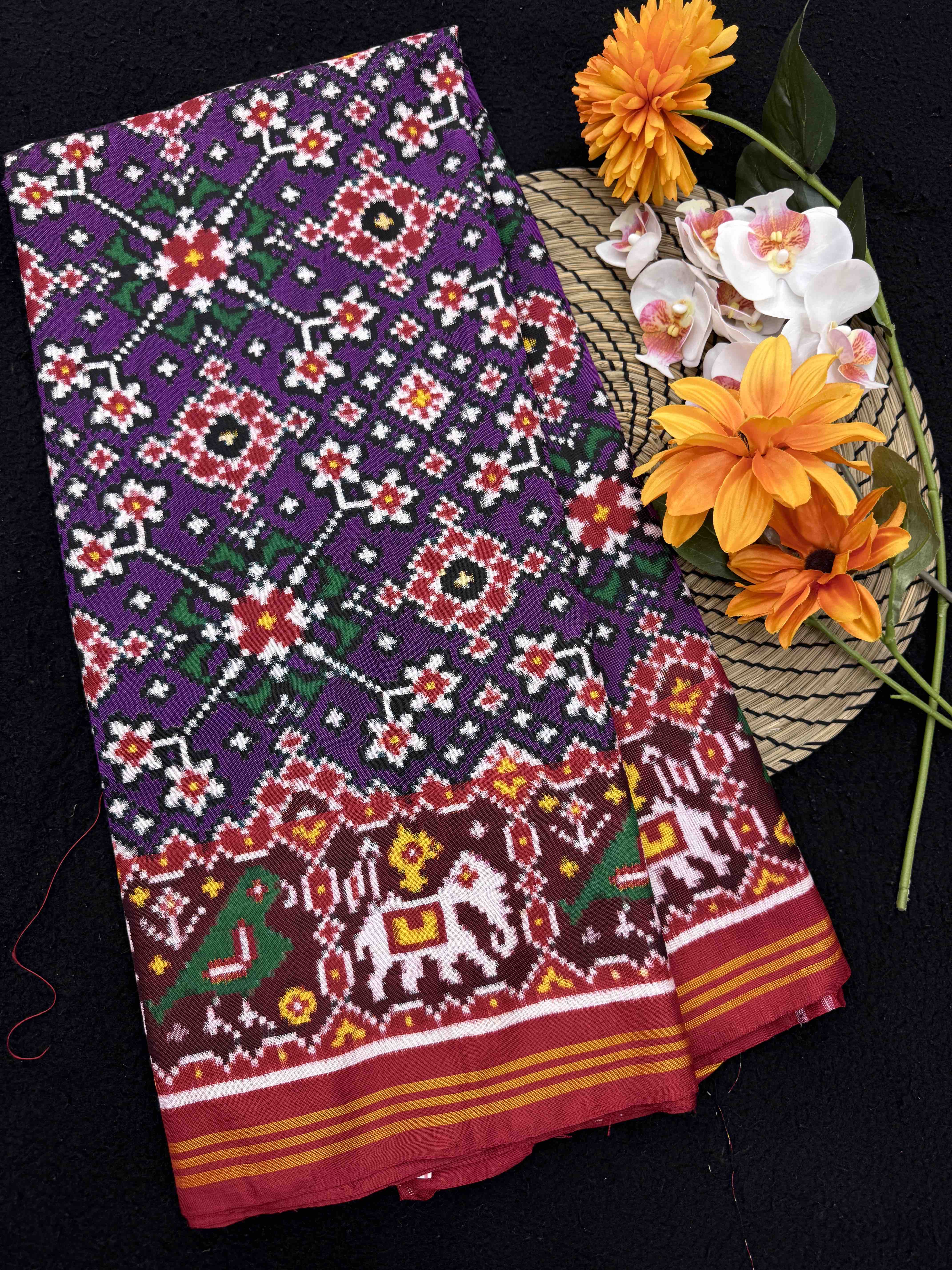 Red & Purple Navratan with Nariunj Border Pallu Double Ikat Patan Patola Saree