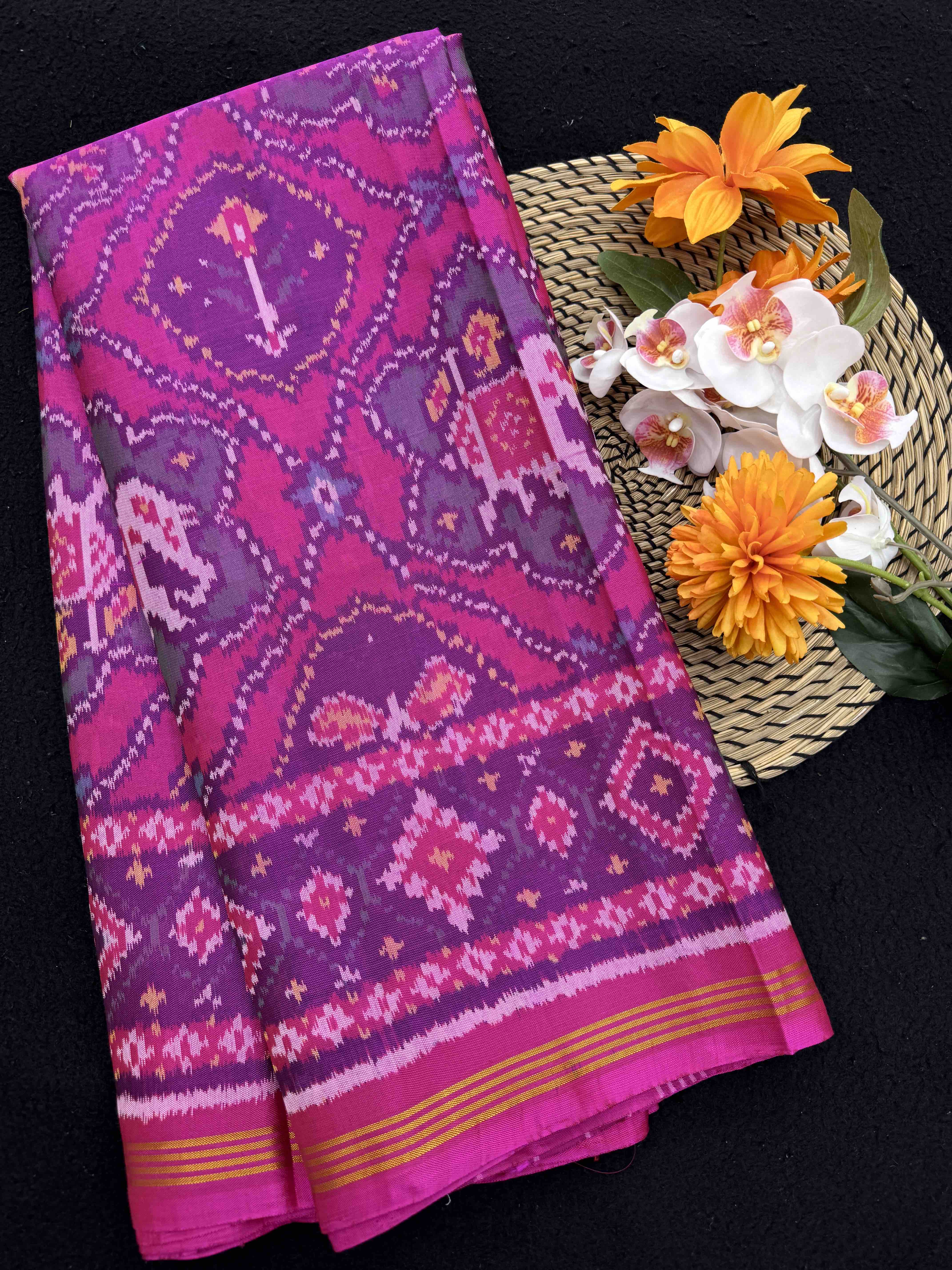 Pink Flower Narikunj Single Ikat Patan Patola Saree