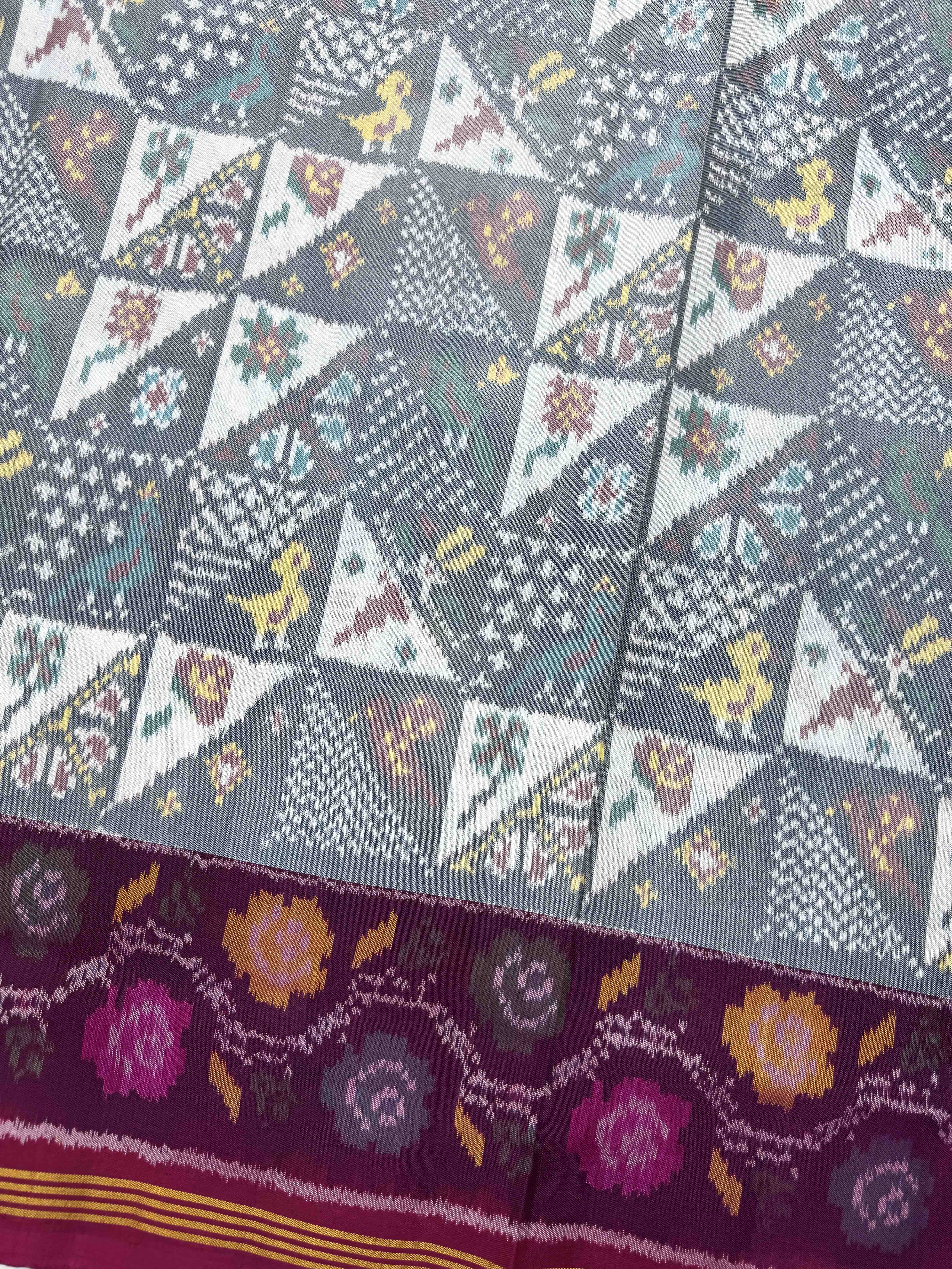 Pink & White Small Bird Flower Fancy Single Ikat Patan Patola Saree