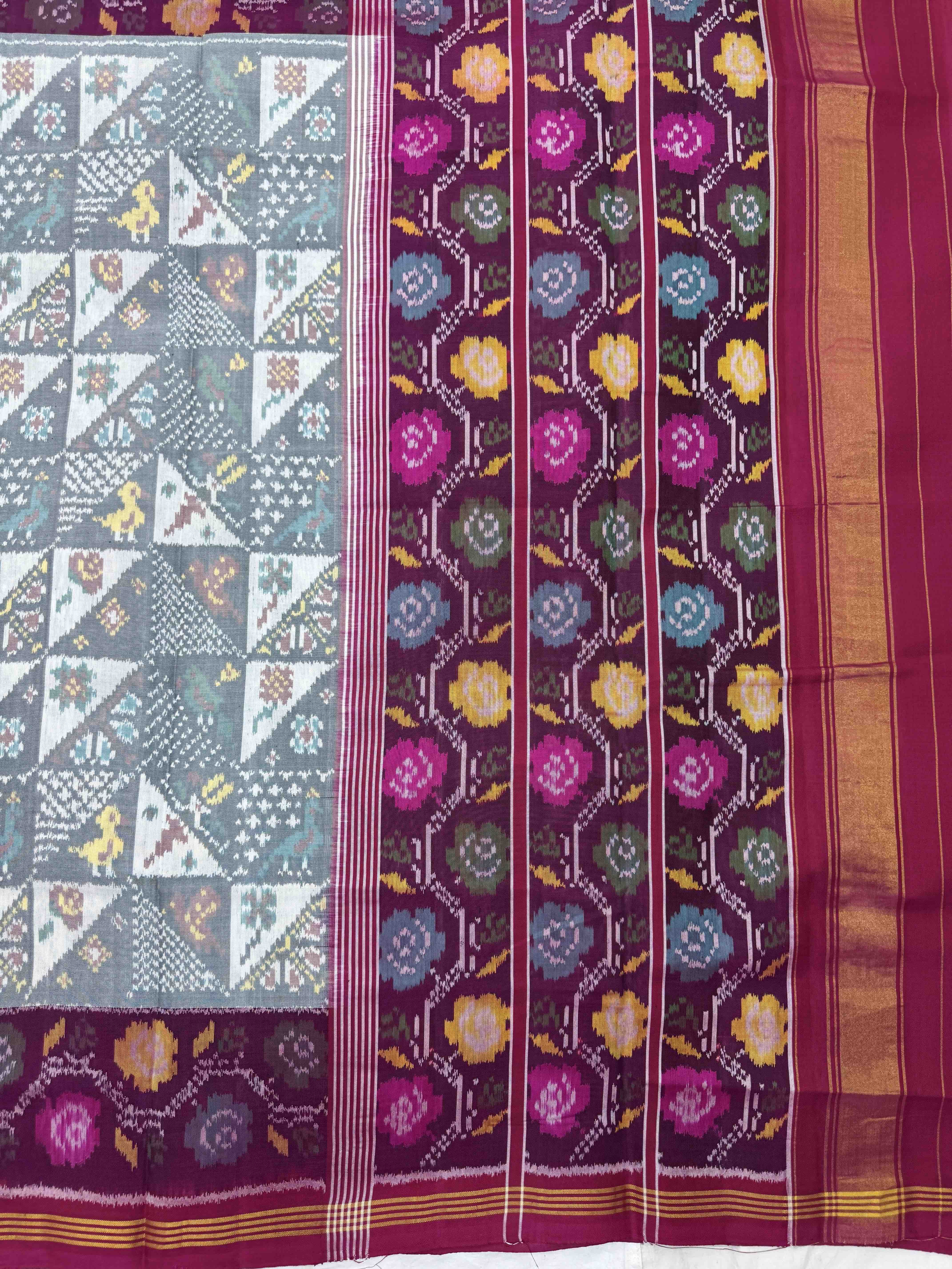 Pink & White Small Bird Flower Fancy Single Ikat Patan Patola Saree