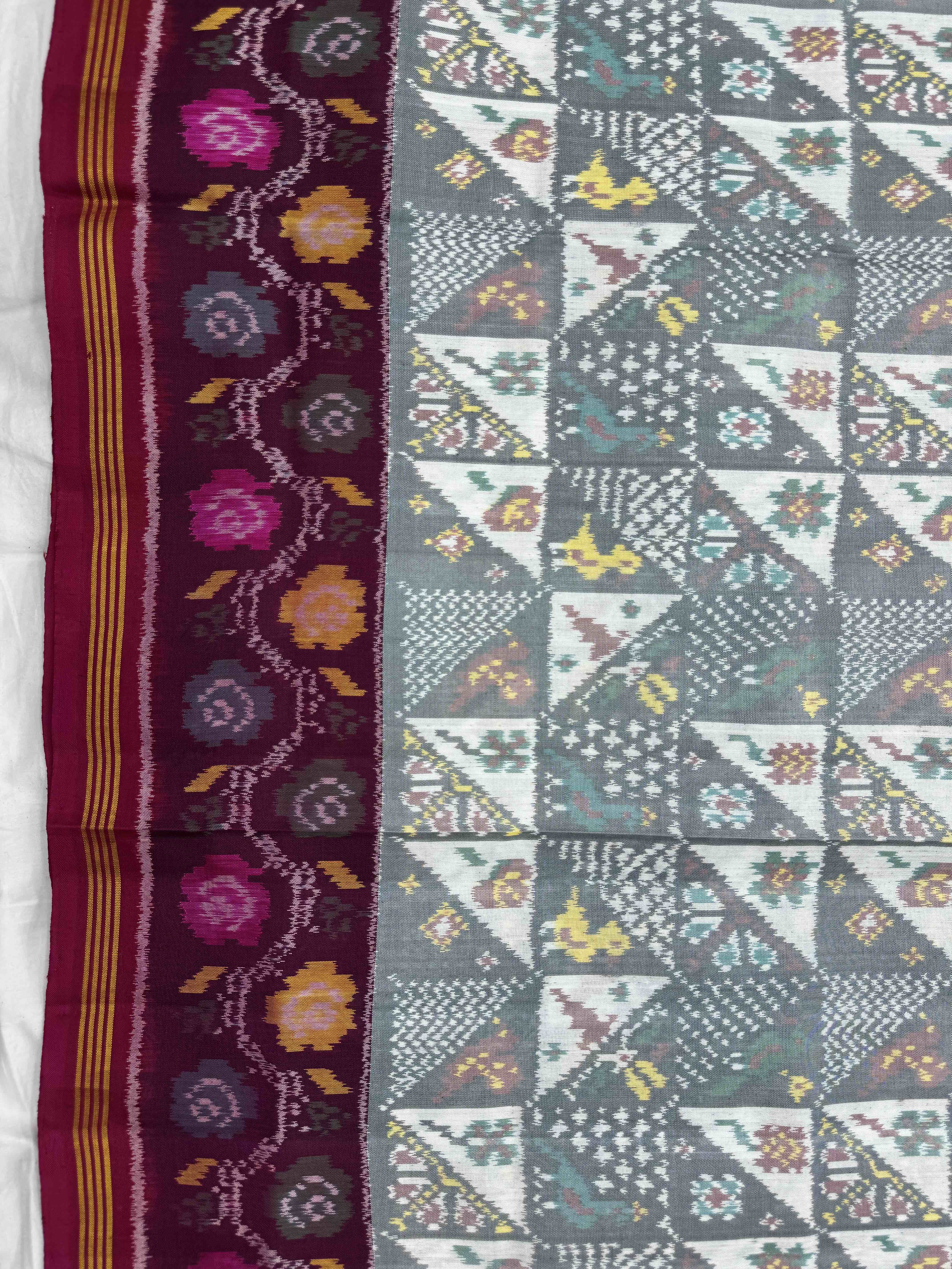 Pink & White Small Bird Flower Fancy Single Ikat Patan Patola Saree